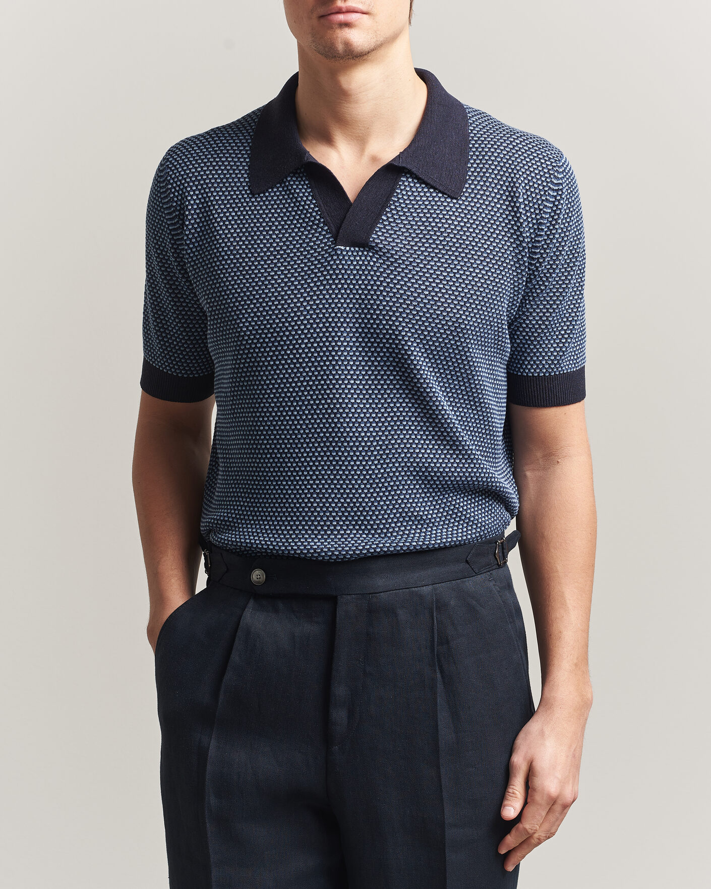 Hombres | Polos | Piacenza Cashmere | Silk/Linen Honeycomb Knitted Polo Navy