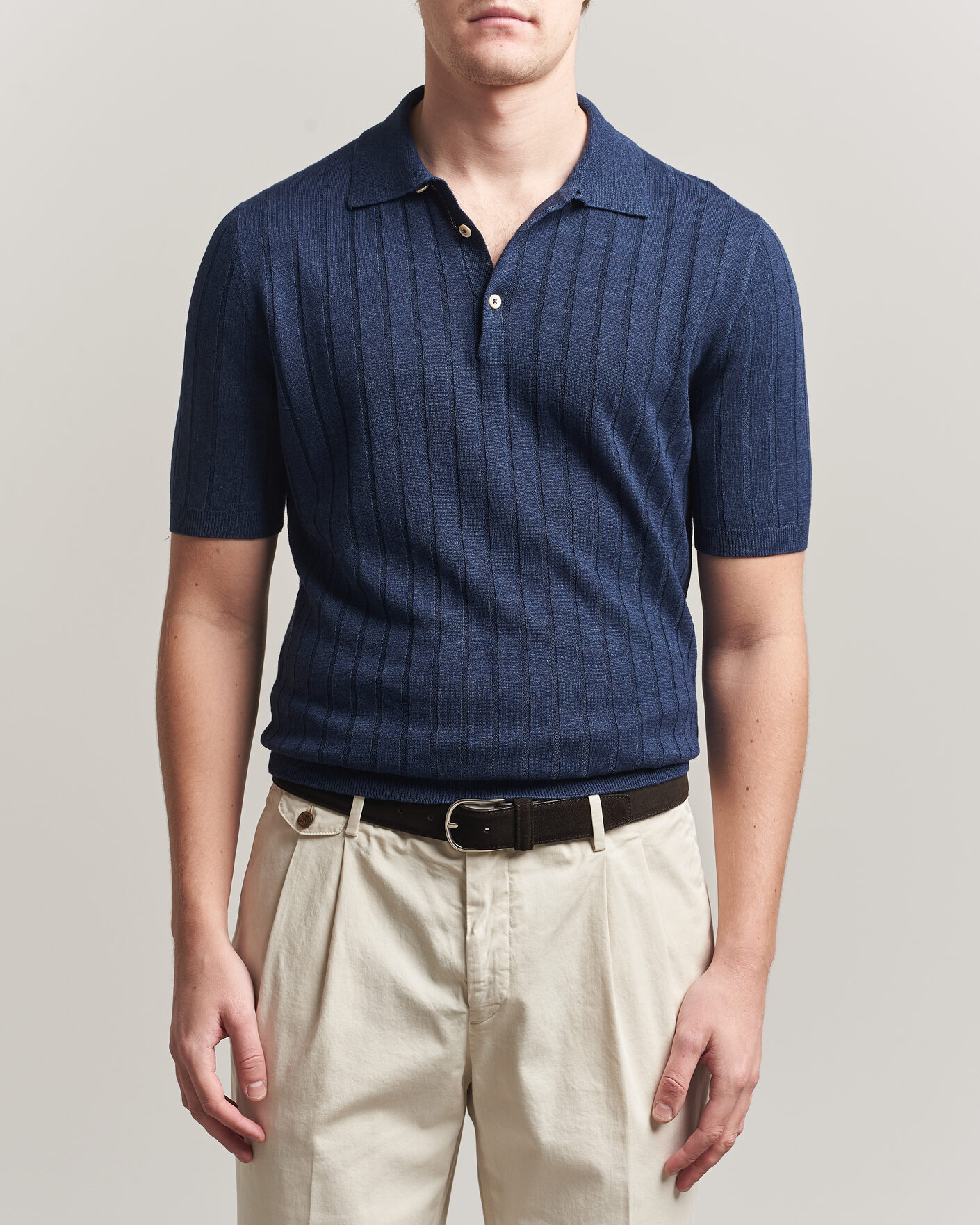 Hombres | Polos | Boglioli | Short Sleeve Knitted Rib Polo Navy