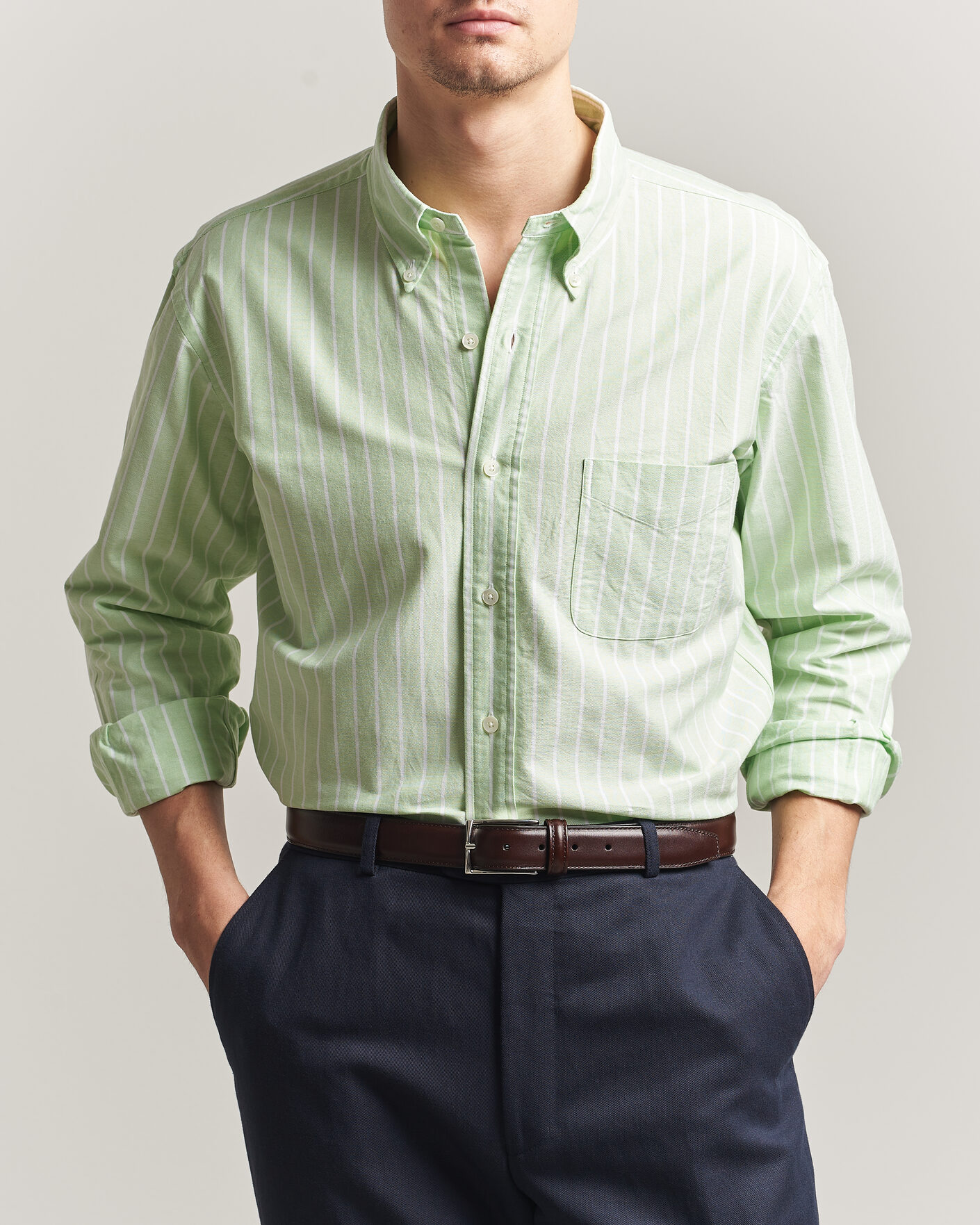 Hombres | Camisas | Kamakura Shirts | Vintage Ivy Oxford BD Shirt Green Blazer Stripe