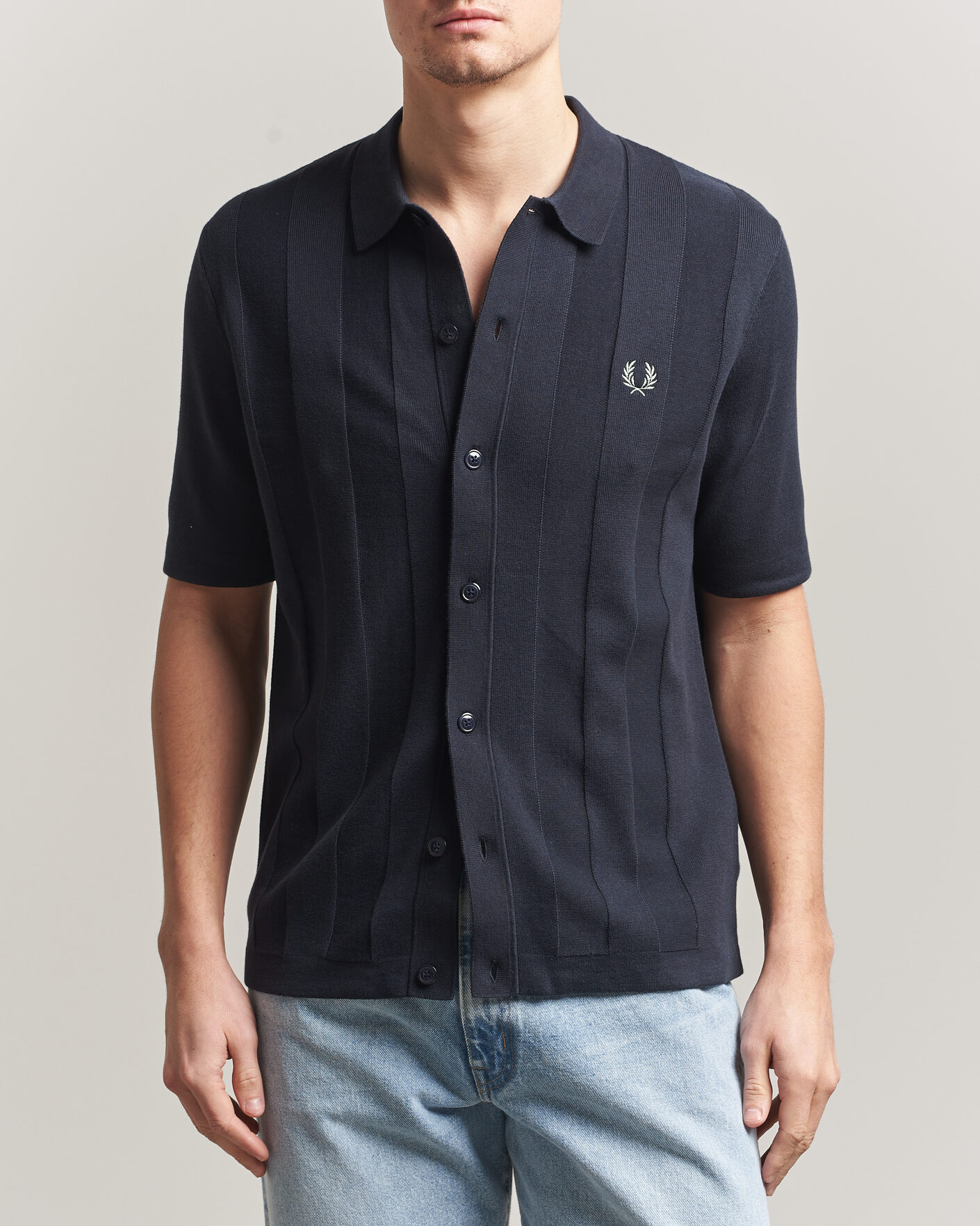 Hombres | Camisas | Fred Perry | Tonal Vertical Striped Knitted Shirt Navy