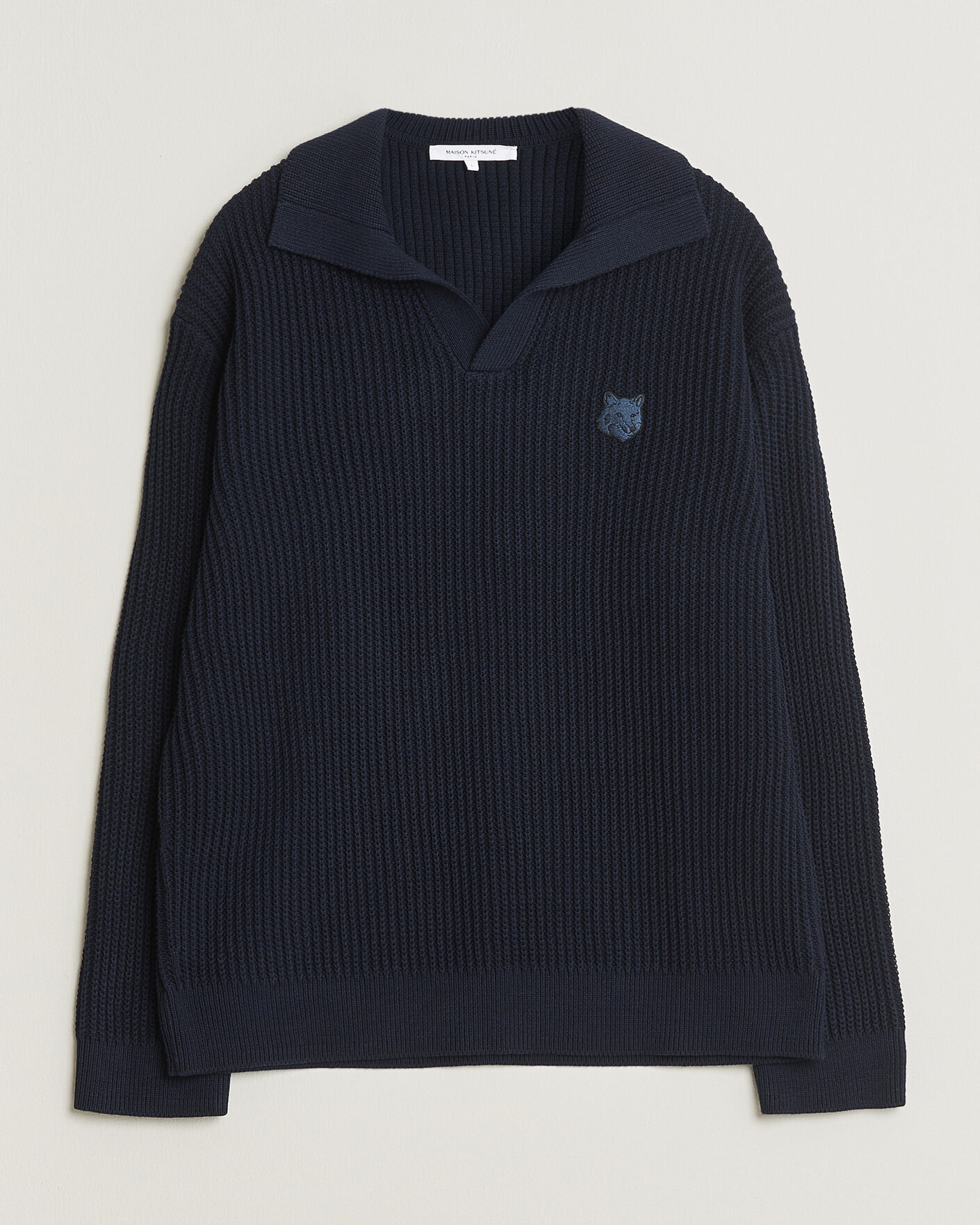 Hombres | Polos | Maison Kitsuné | Tonal Fox Head Rib Knitted Polo Navy