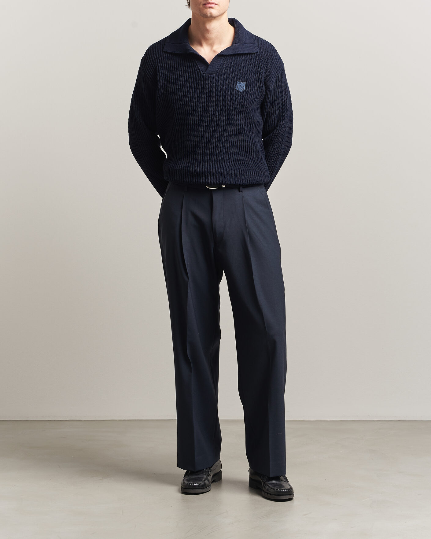 Hombres | Polos | Maison Kitsuné | Tonal Fox Head Rib Knitted Polo Navy