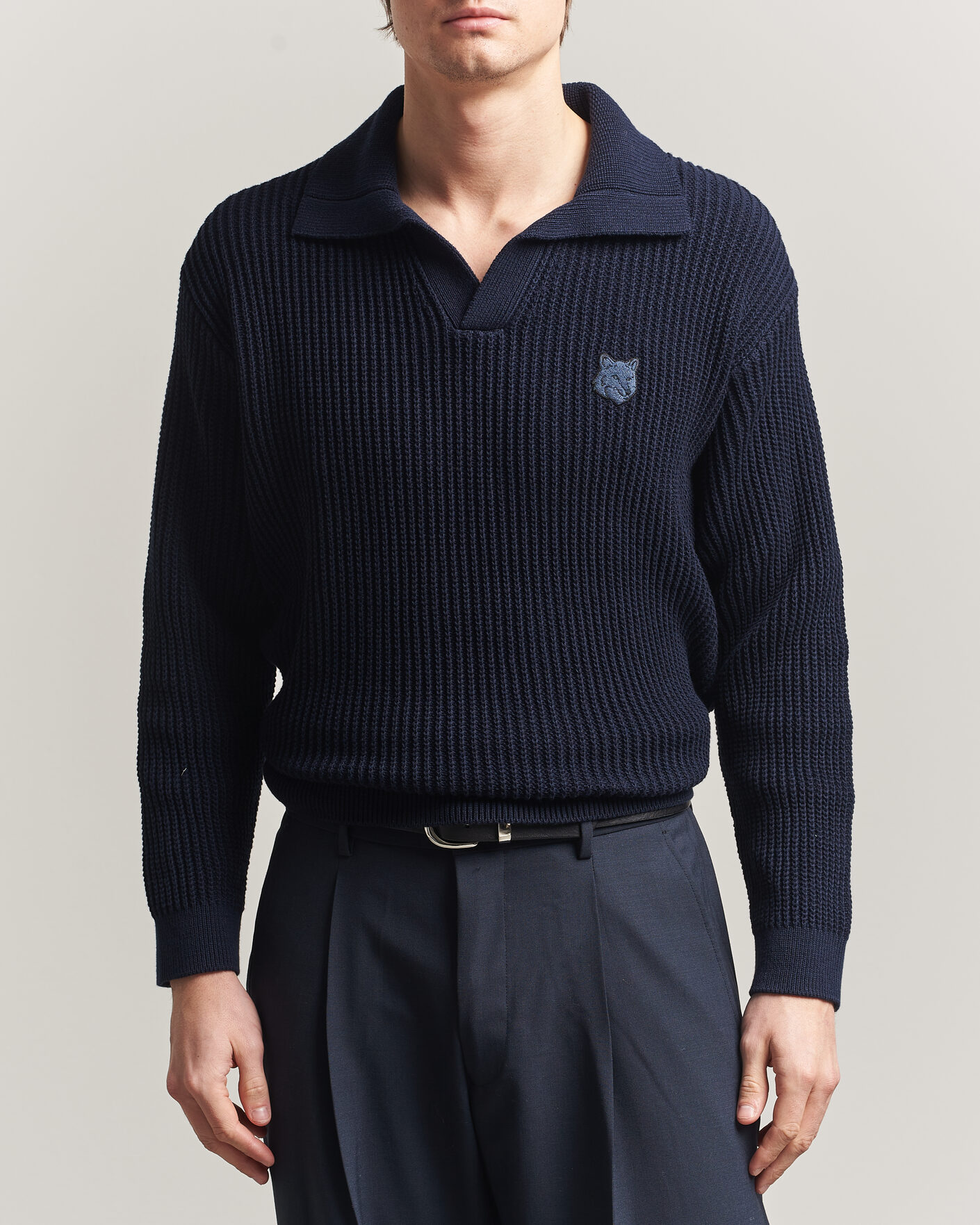 Hombres | Polos | Maison Kitsuné | Tonal Fox Head Rib Knitted Polo Navy
