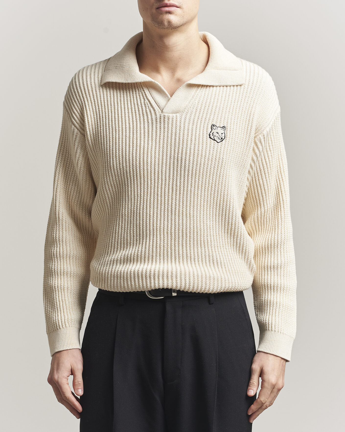 Hombres | Polos | Maison Kitsuné | Tonal Fox Head Rib Knitted Polo Sandshell