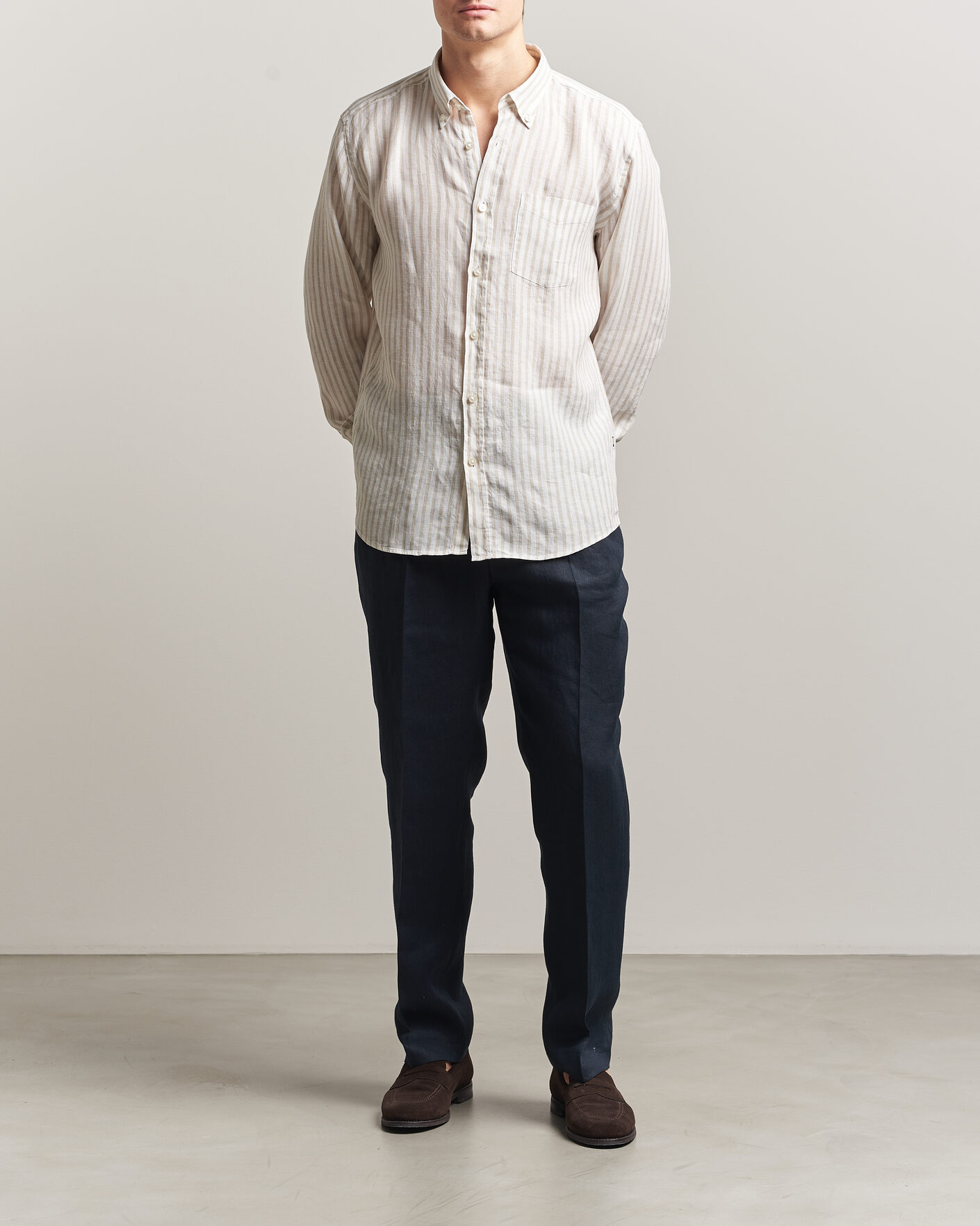 Hombres | Camisas | BOSS BLACK | Liam Striped Linen Shirt Open Beige