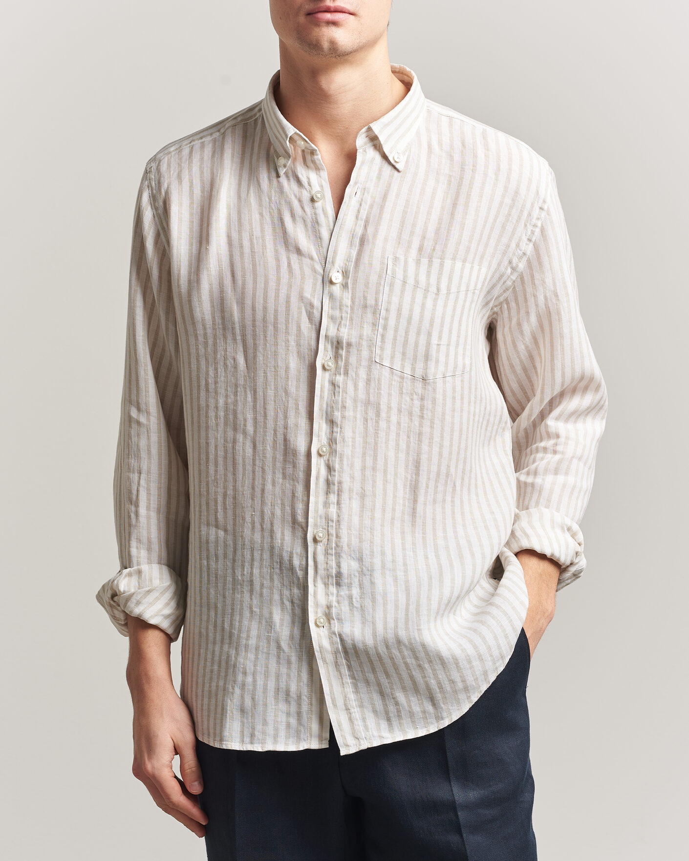 Hombres | Camisas | BOSS BLACK | Liam Striped Linen Shirt Open Beige
