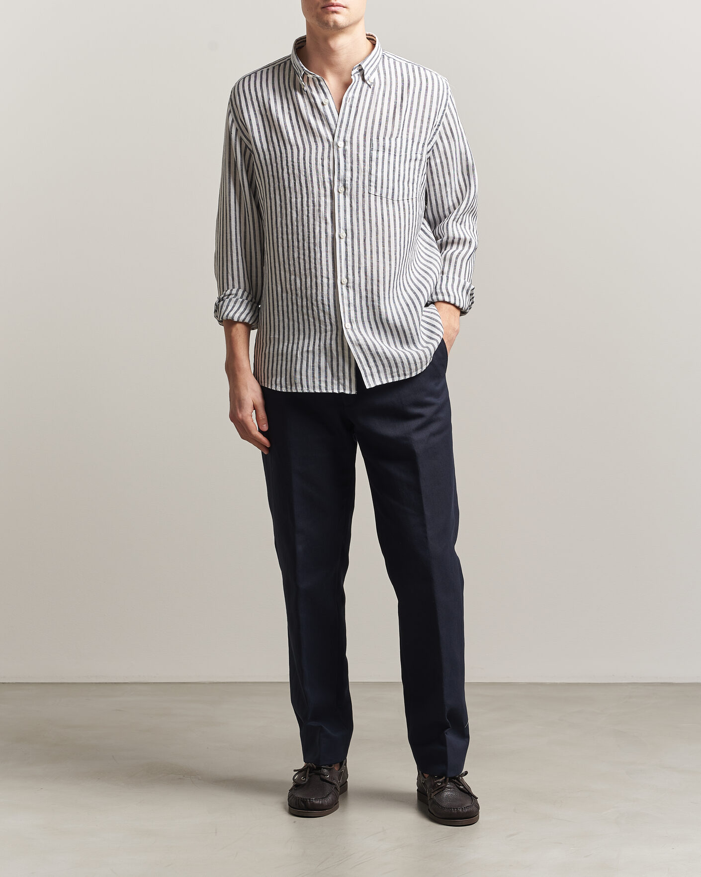 Hombres | Camisas | BOSS BLACK | Liam Striped Linen Shirt Dark Blue