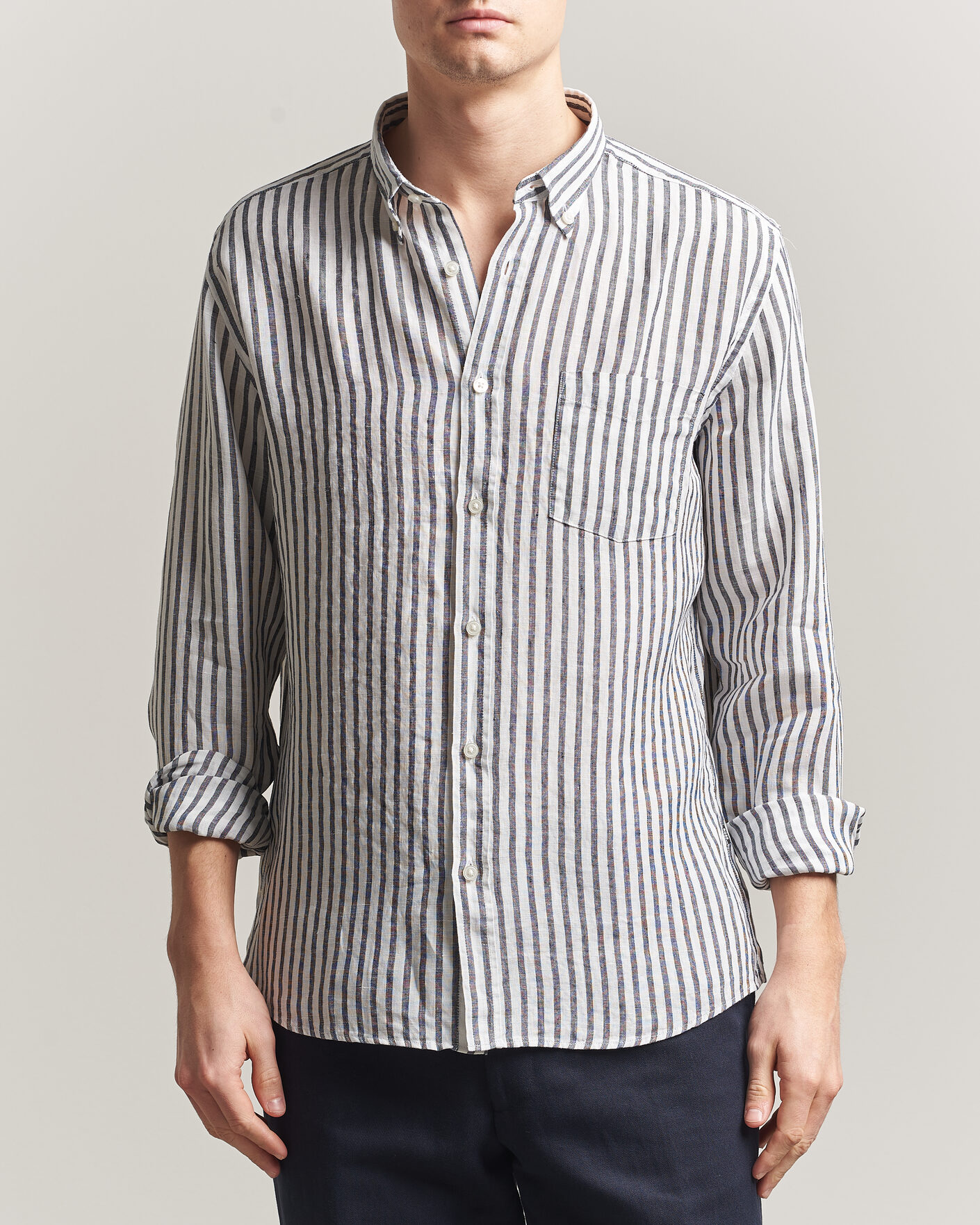 Hombres | Camisas | BOSS BLACK | Liam Striped Linen Shirt Dark Blue