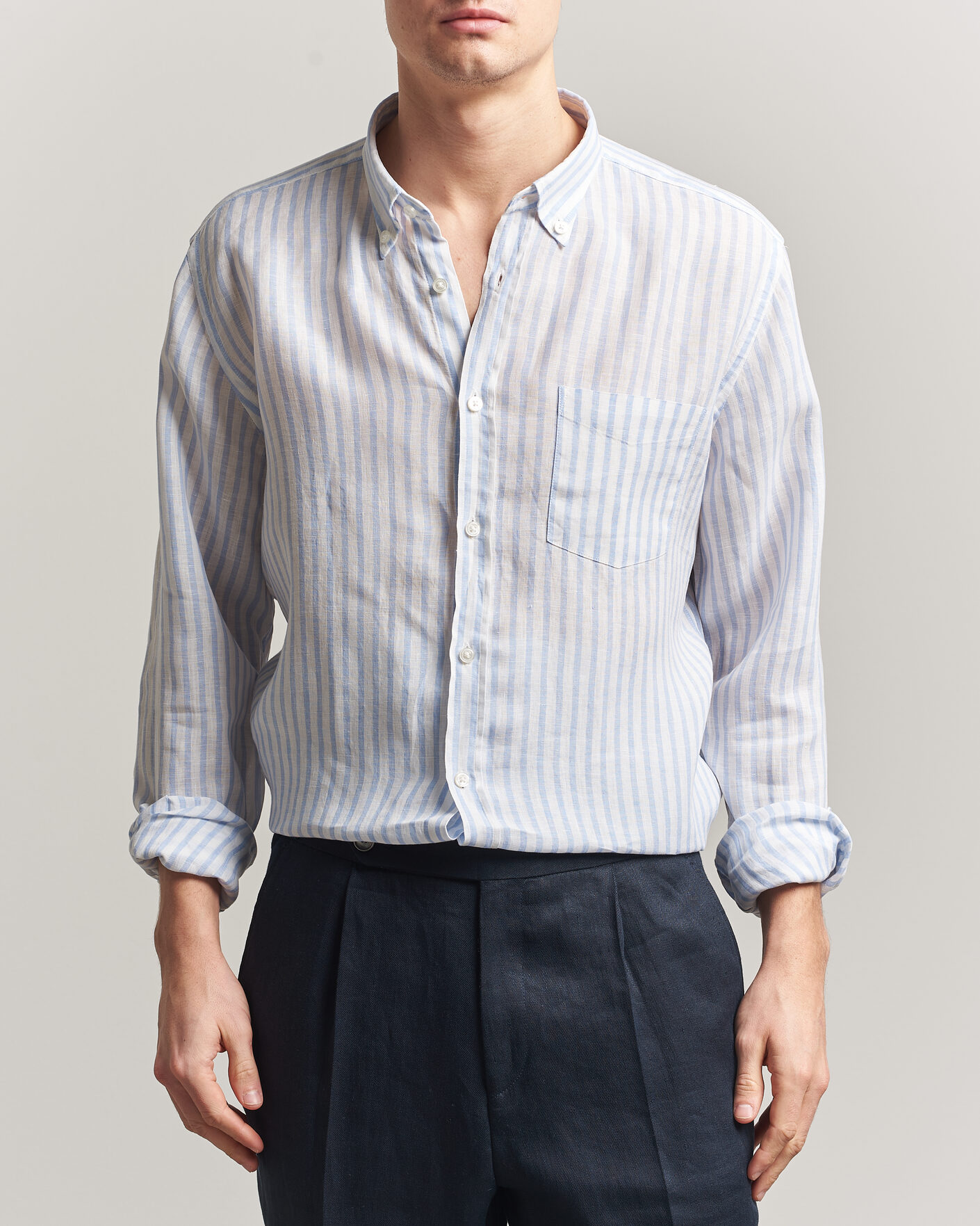 Hombres | Camisas | BOSS BLACK | Liam Striped Linen Shirt Light Blue