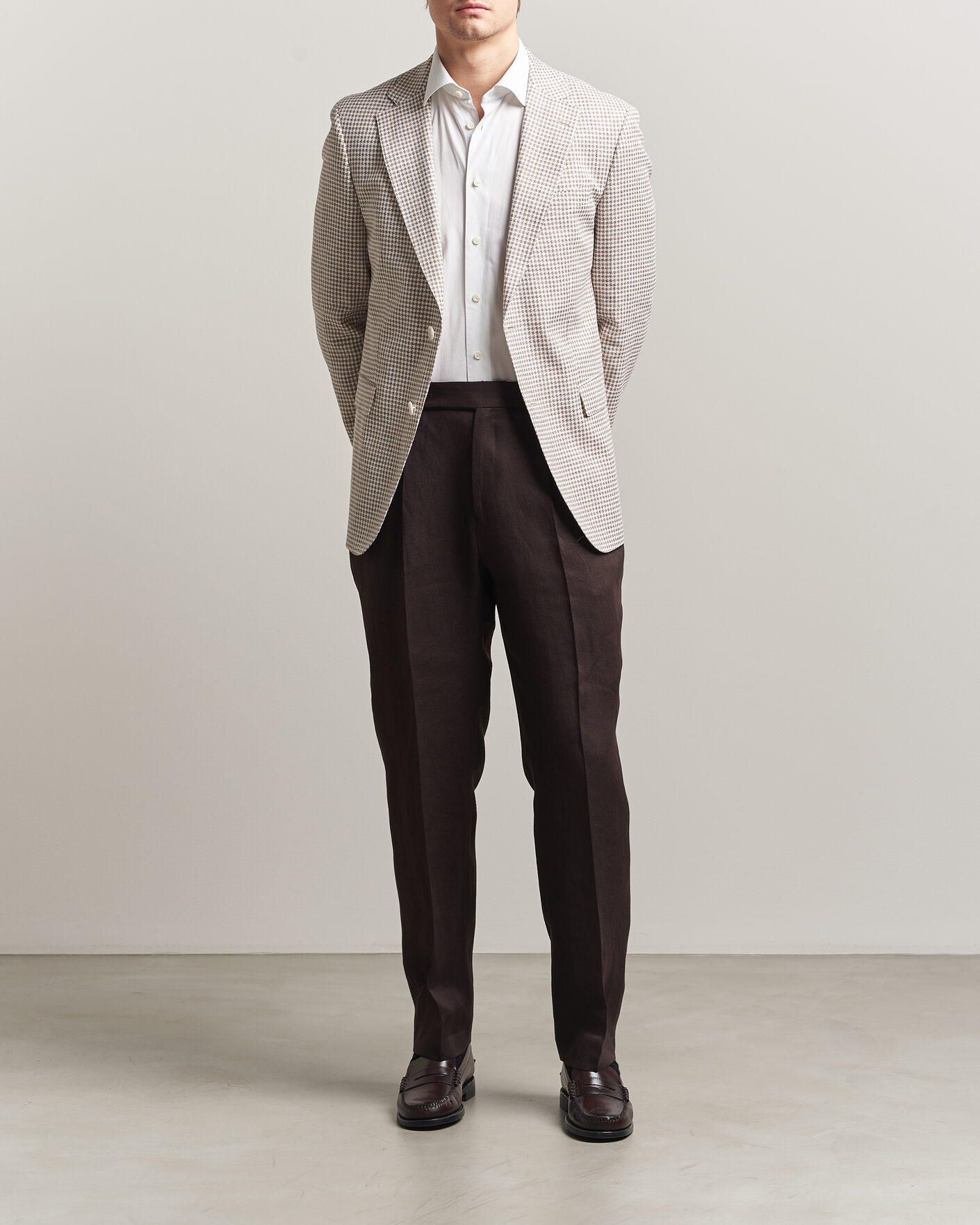 Hombres | Blazers | BOSS BLACK | Hutson Linen/Cotton Houndstooth Blazer Open Beige