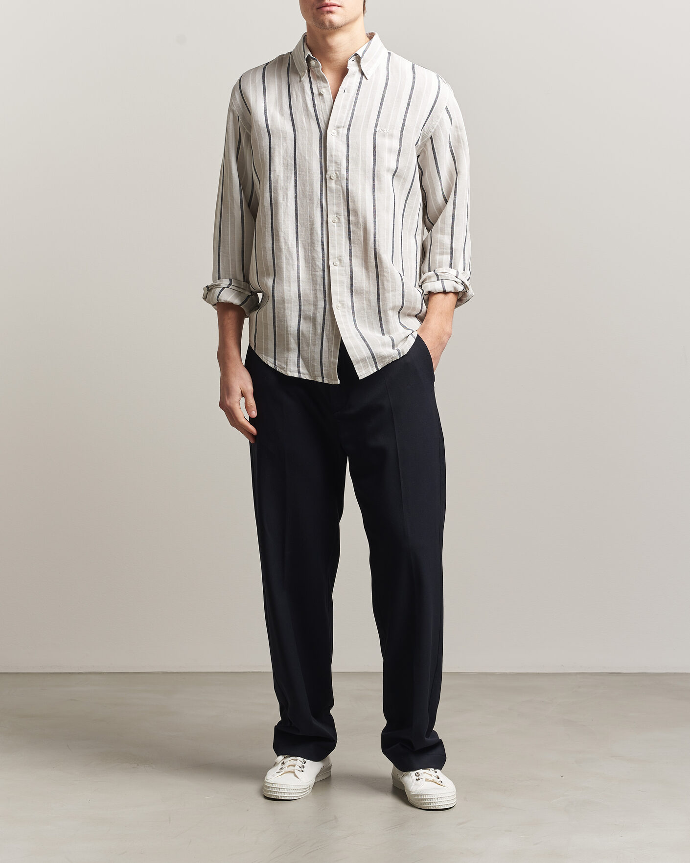 Hombres | Camisas | BOSS ORANGE | Ricoplus Linen/Cotton Striped Shirt Beige