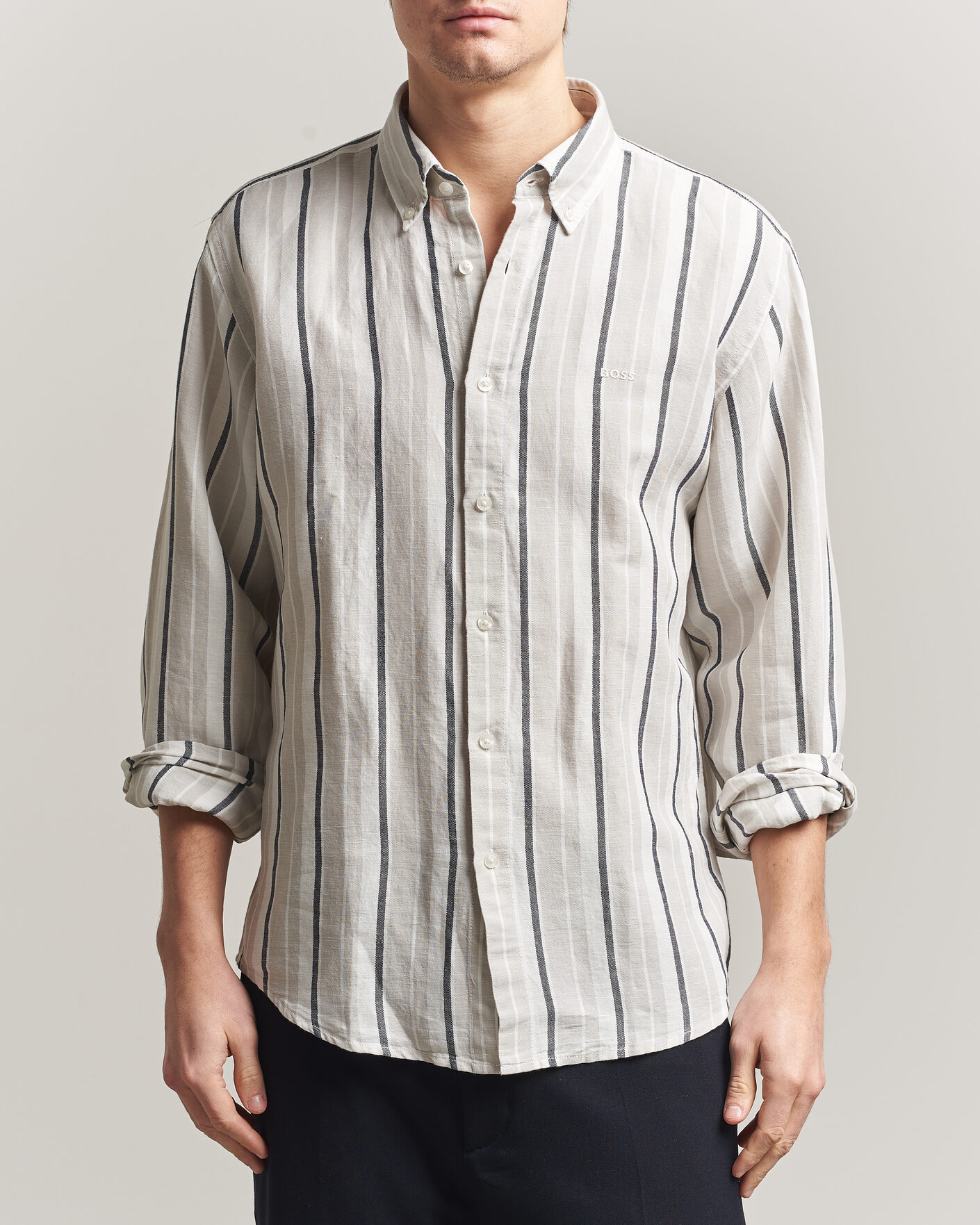 Hombres | Camisas | BOSS ORANGE | Ricoplus Linen/Cotton Striped Shirt Beige