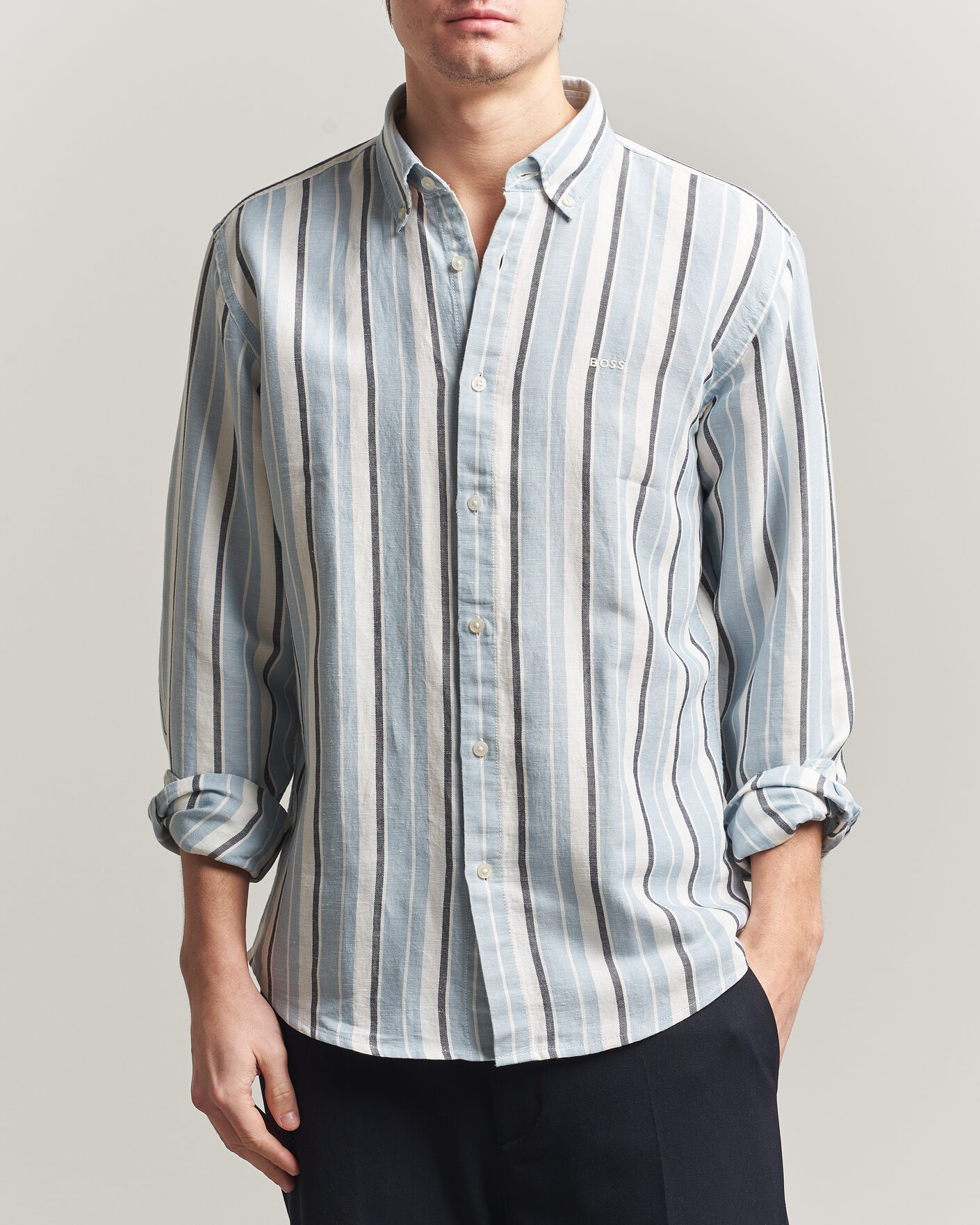 Hombres | Camisas | BOSS ORANGE | Ricoplus Linen/Cotton Striped Shirt Light Blue