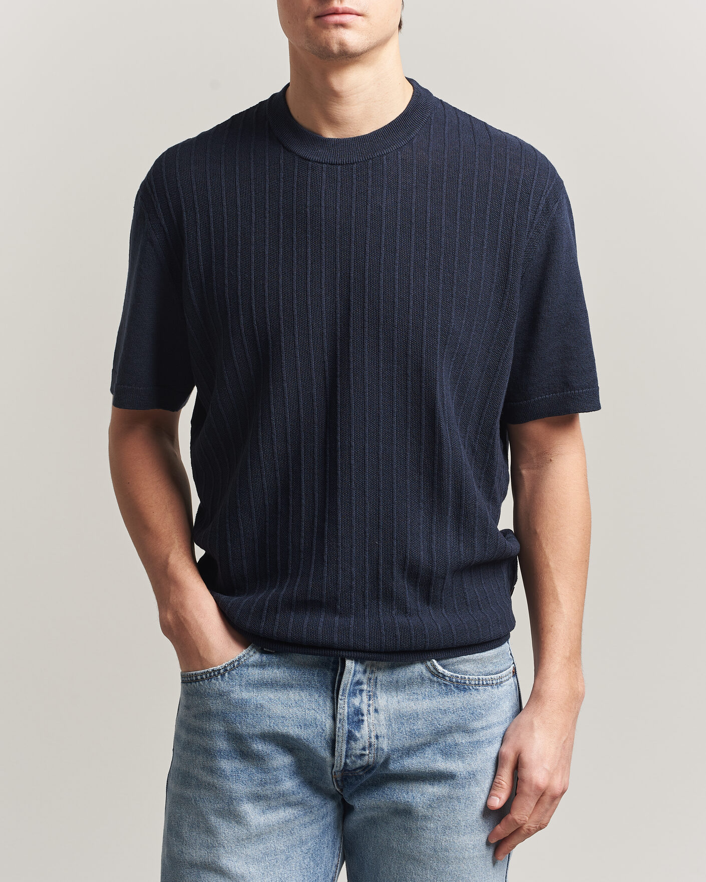 Hombres | Camisetas | BOSS ORANGE | Kajordino Linen/Cotton Knitted T-Shirt Dark Blue