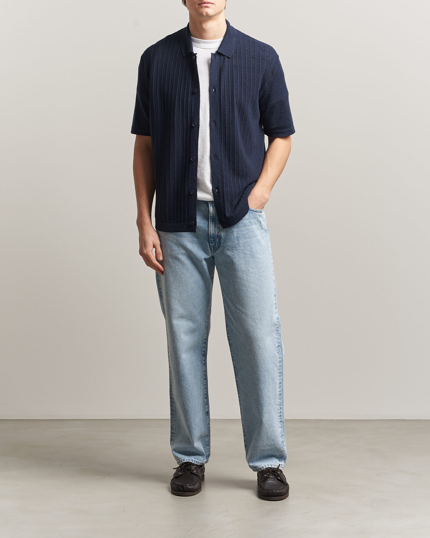 Hombres | Camisas | BOSS ORANGE | Amicino Linen/Cotton Knitted Shirt Dark Blue