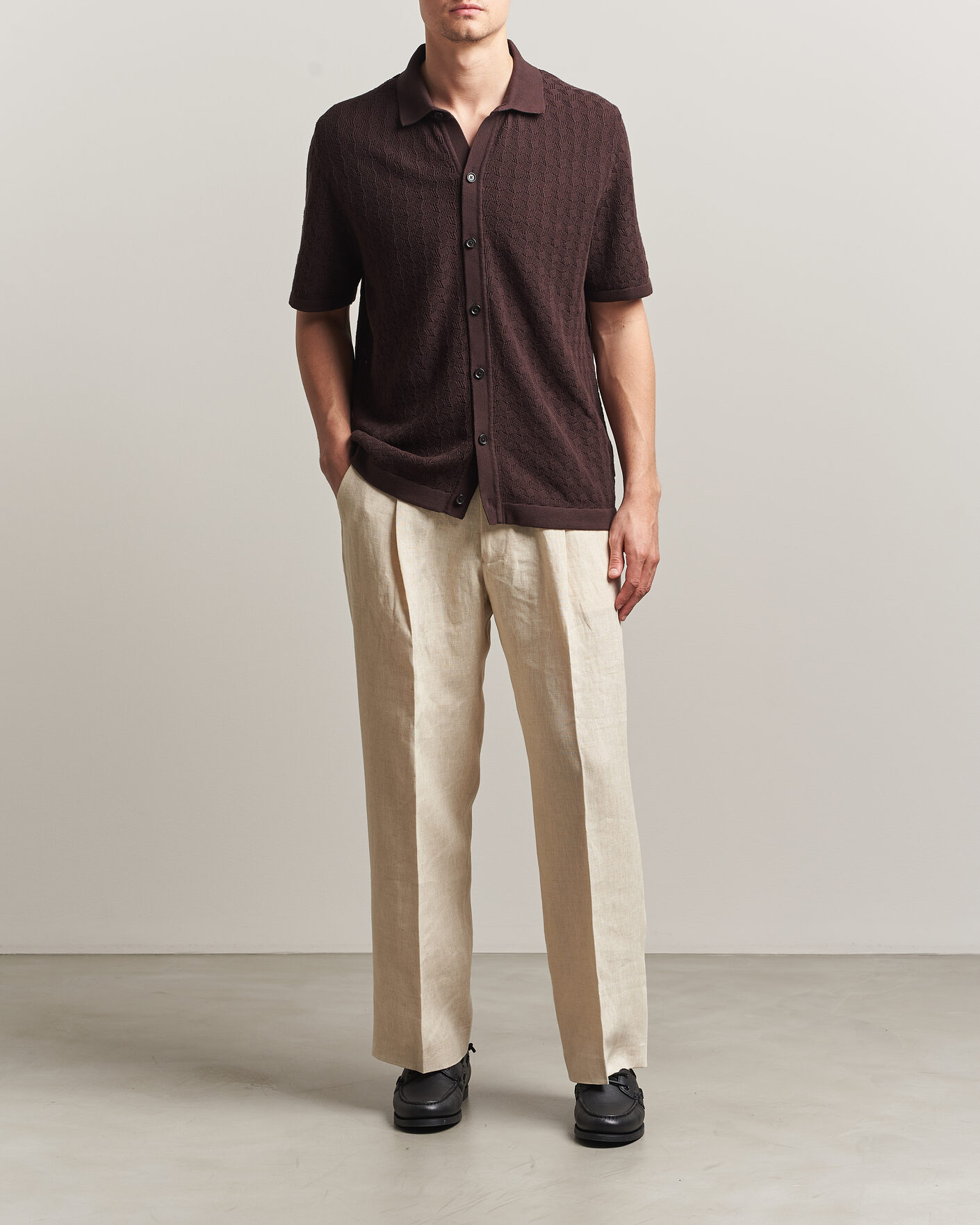 Hombres | Camisas | BOSS BLACK | Nappo Knitted Short Sleeve Shirt Dark Brown