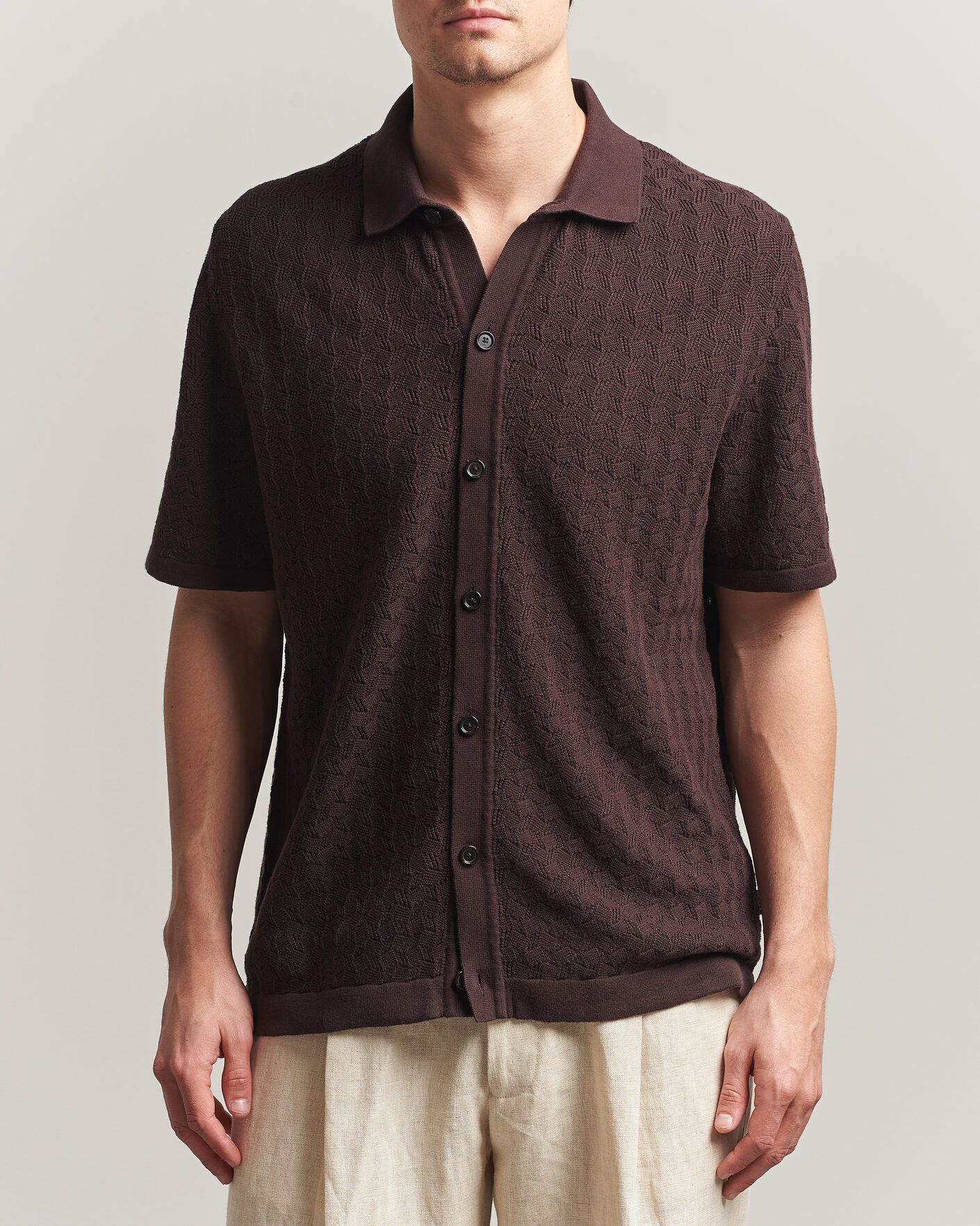 Hombres | Camisas | BOSS BLACK | Nappo Knitted Short Sleeve Shirt Dark Brown