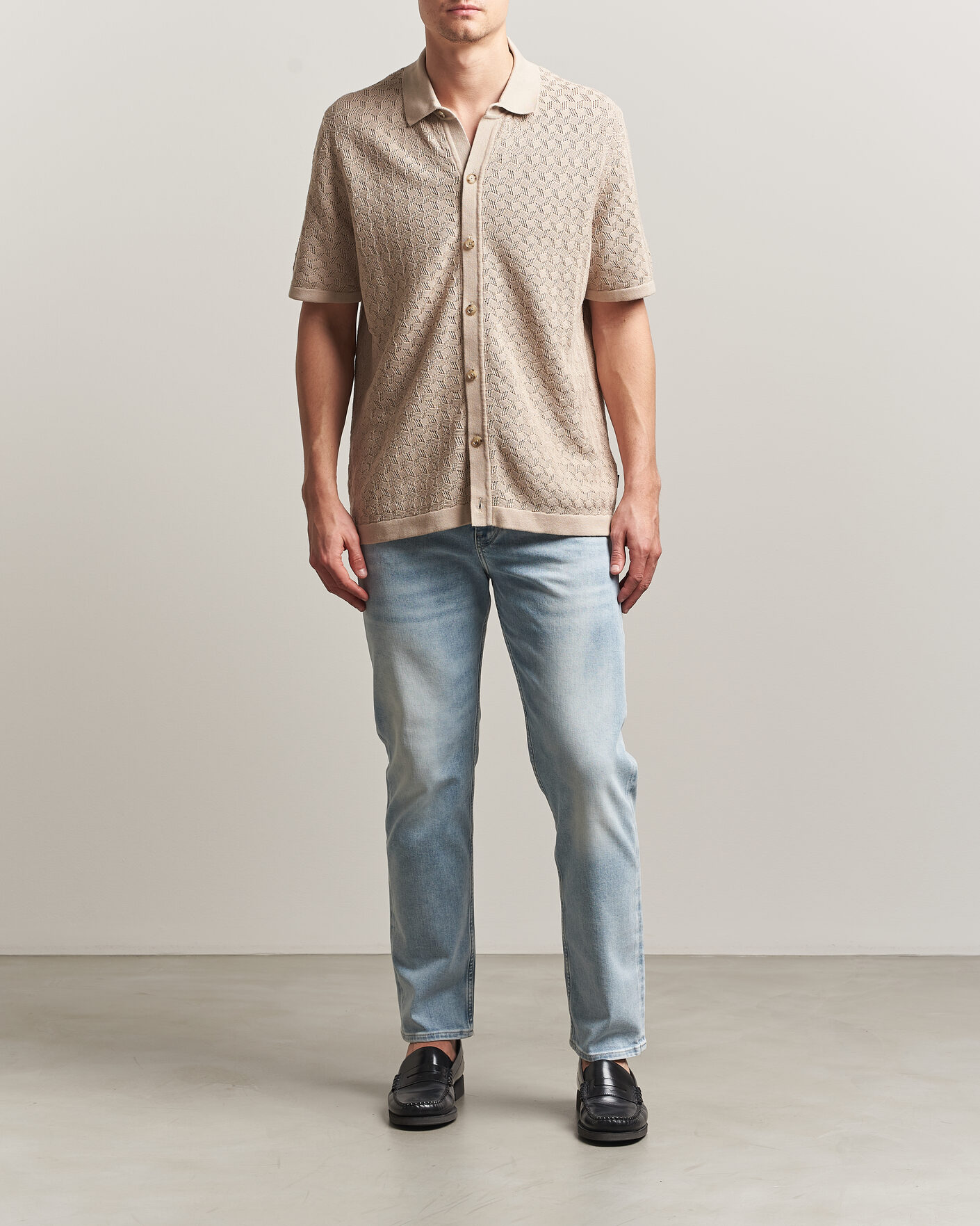 Hombres | Camisas | BOSS BLACK | Nappo Knitted Short Sleeve Shirt Open Beige
