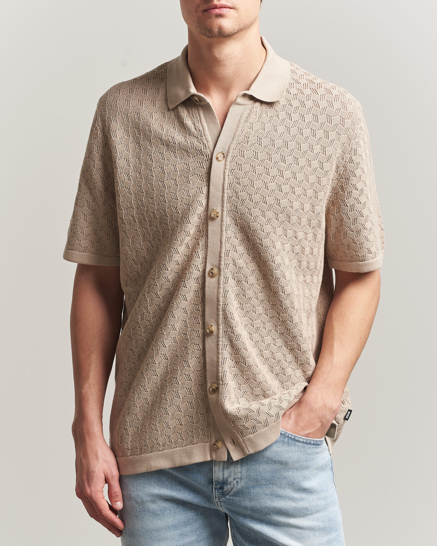 Hombres | Camisas | BOSS BLACK | Nappo Knitted Short Sleeve Shirt Open Beige