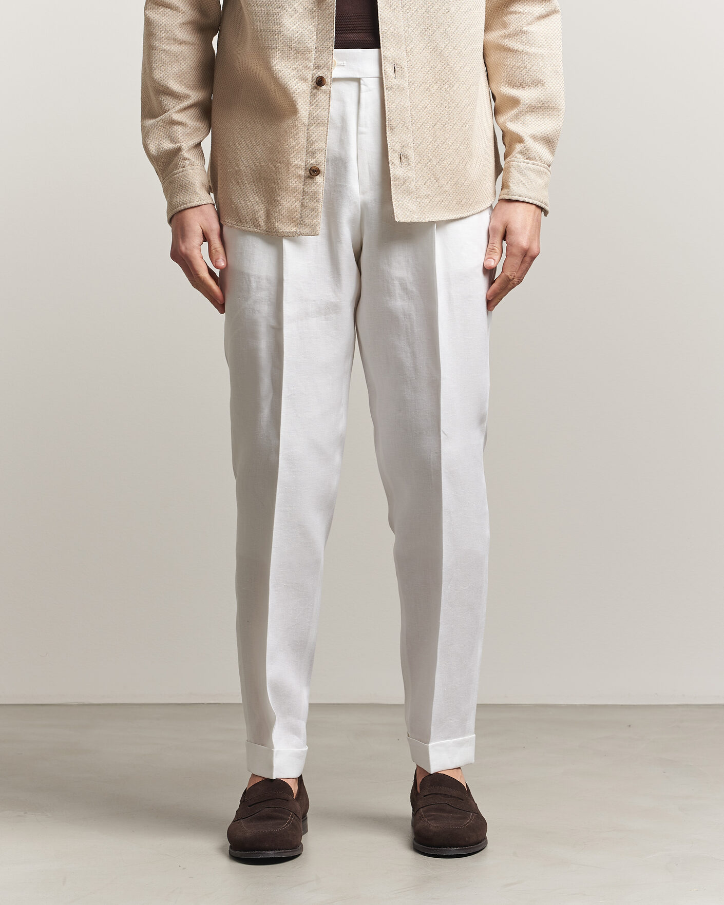 Hombres | Pantalones | BOSS CAMEL | Peet Linen Pleated Trousers White