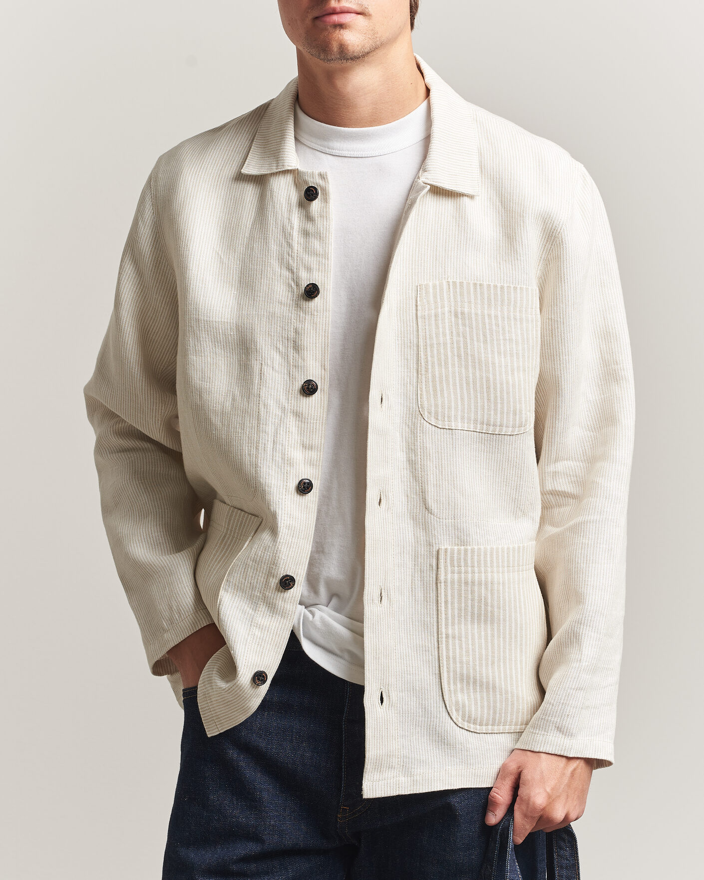 Hombres | Camisas | Peregrine | Windsor Linen Shacket Beige Stripe