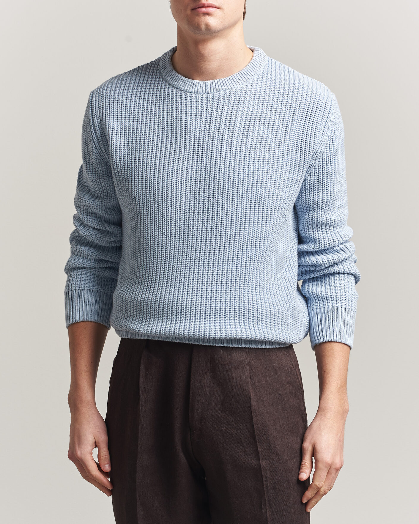 Hombres | Jerséis y prendas de punto | Morgano | Supersoft Egyptian Cotton Fisher Man Crew Light Blue