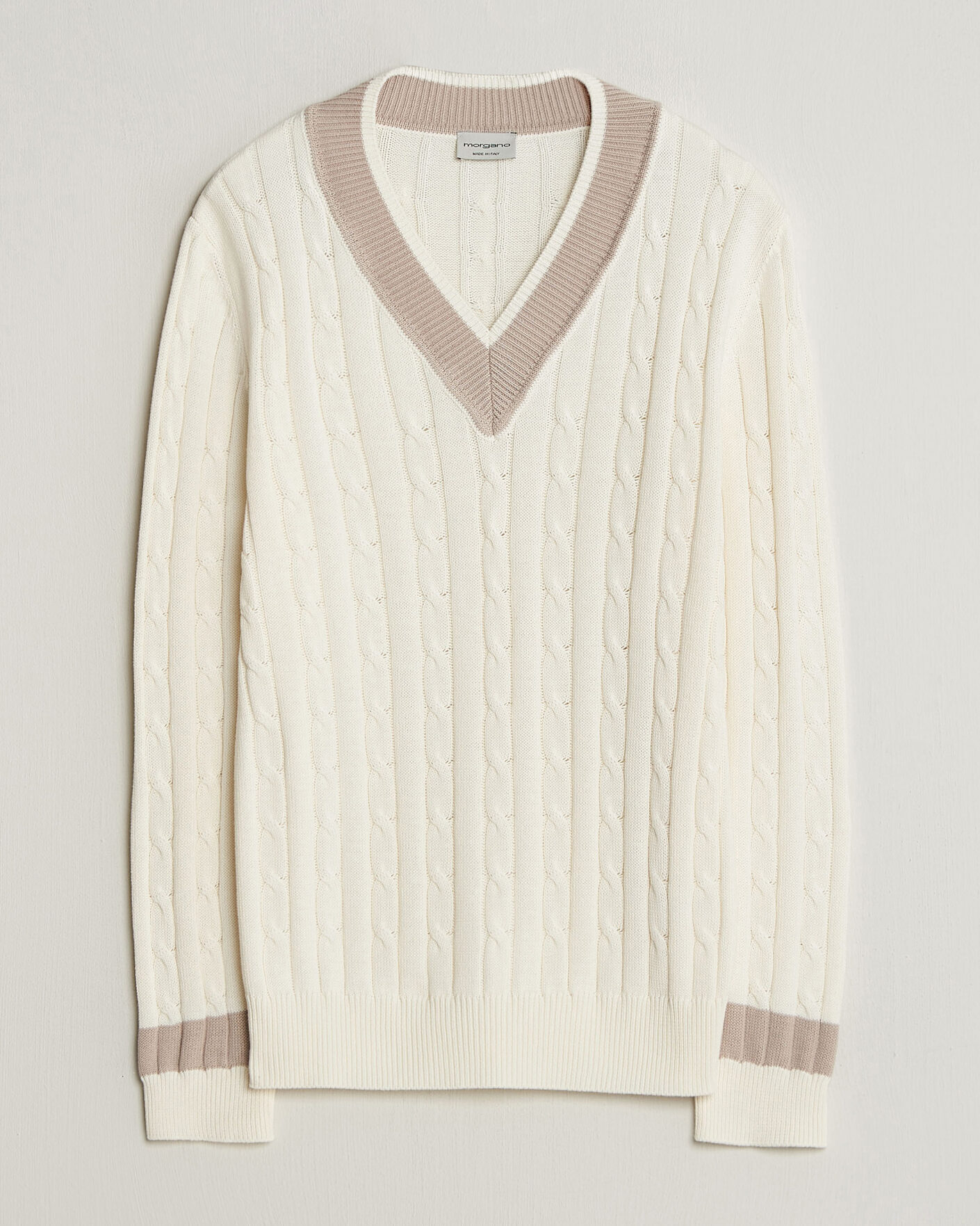 Hombres | Jerséis y prendas de punto | Morgano | Cable Knitted Cotton V-Neck White/Beige