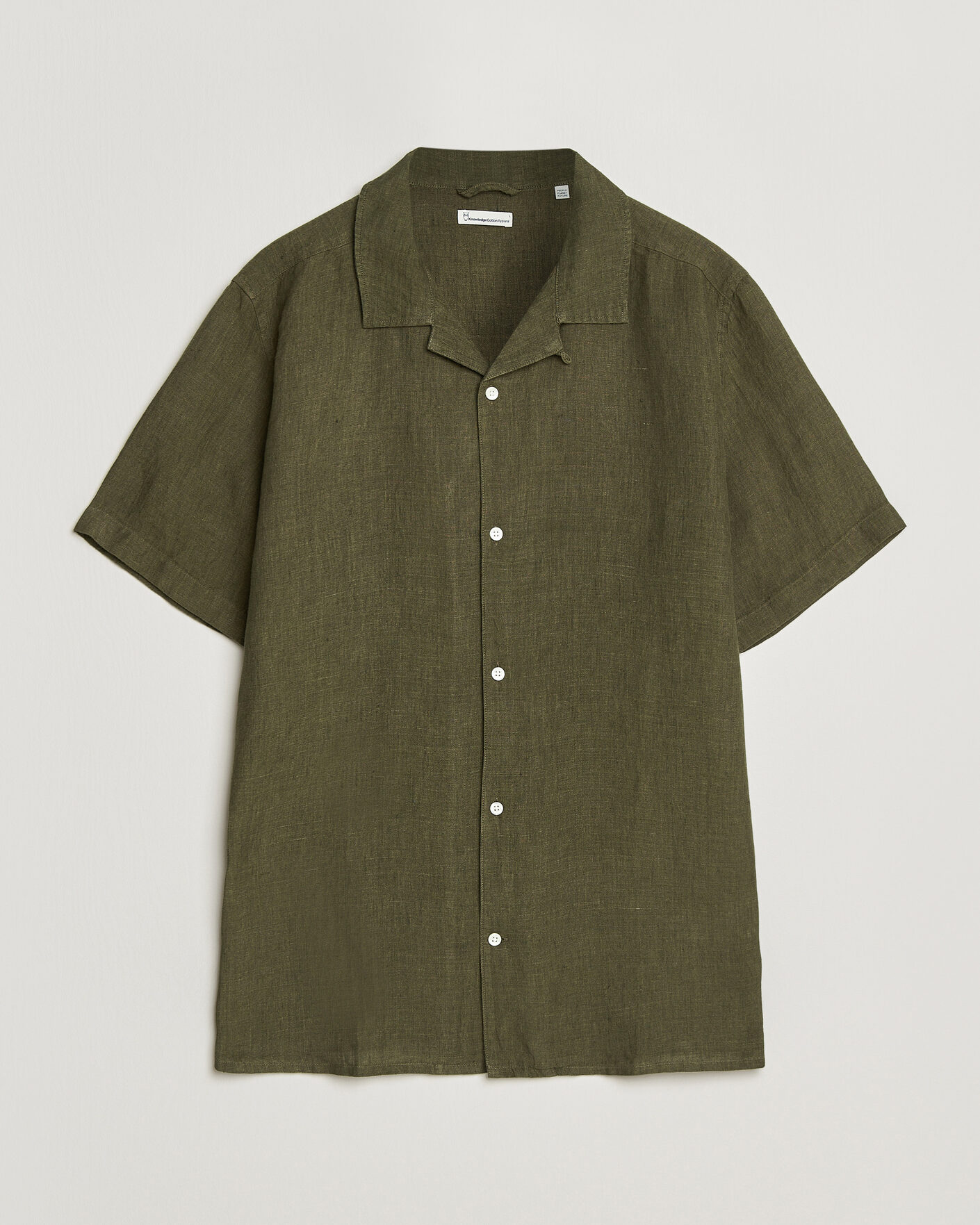 Hombres | Camisas | KnowledgeCotton Apparel | Short Sleeve Linen Resort Shirt Burnt Olive