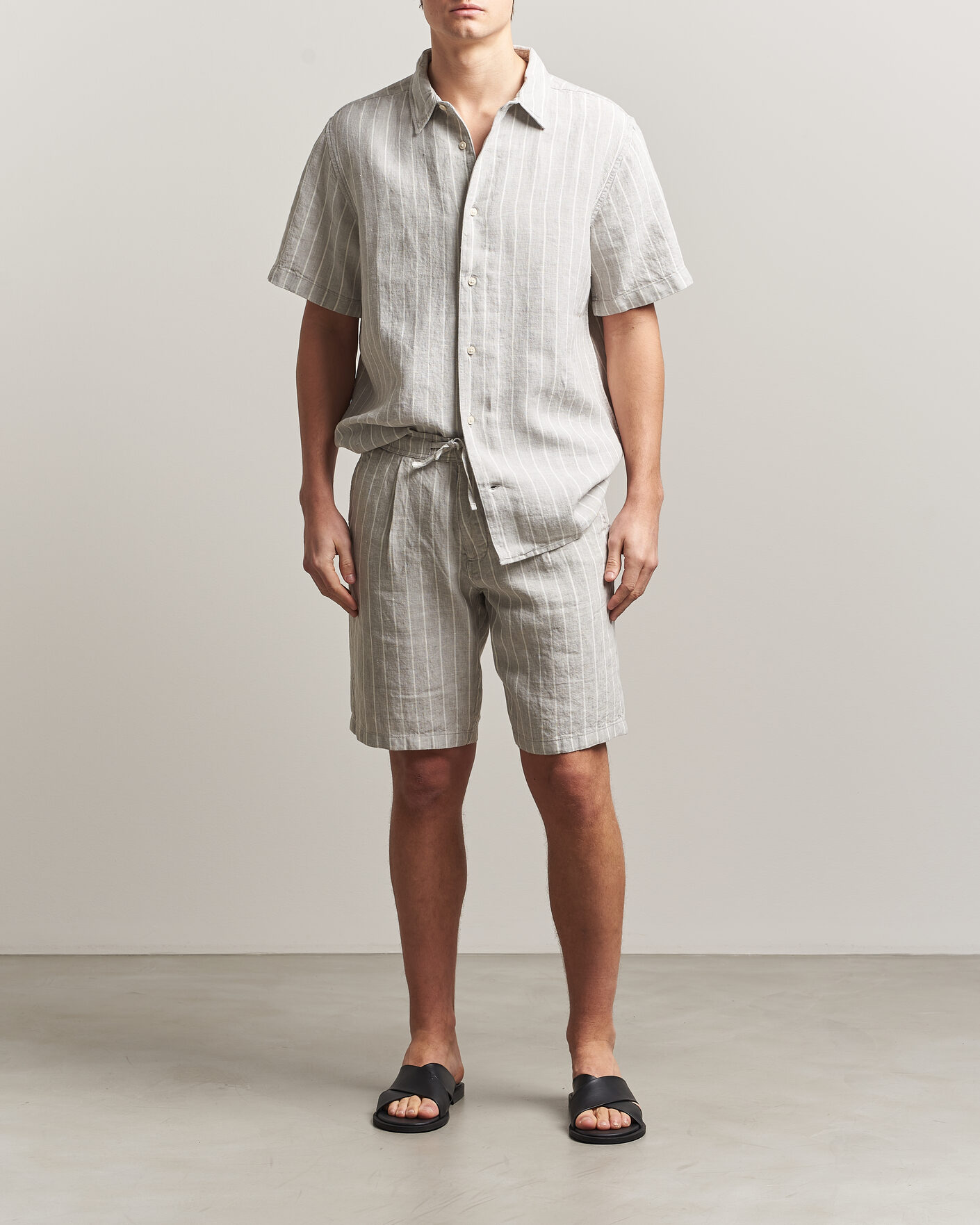 Hombres | Camisas | KnowledgeCotton Apparel | Striped Linen Resort Shirt Grey