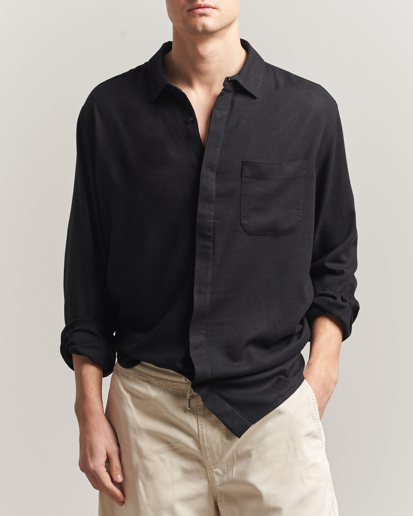 Hombres | Camisas | KnowledgeCotton Apparel | Linen/Lycell Relaxed Long Sleeve Shirt Black