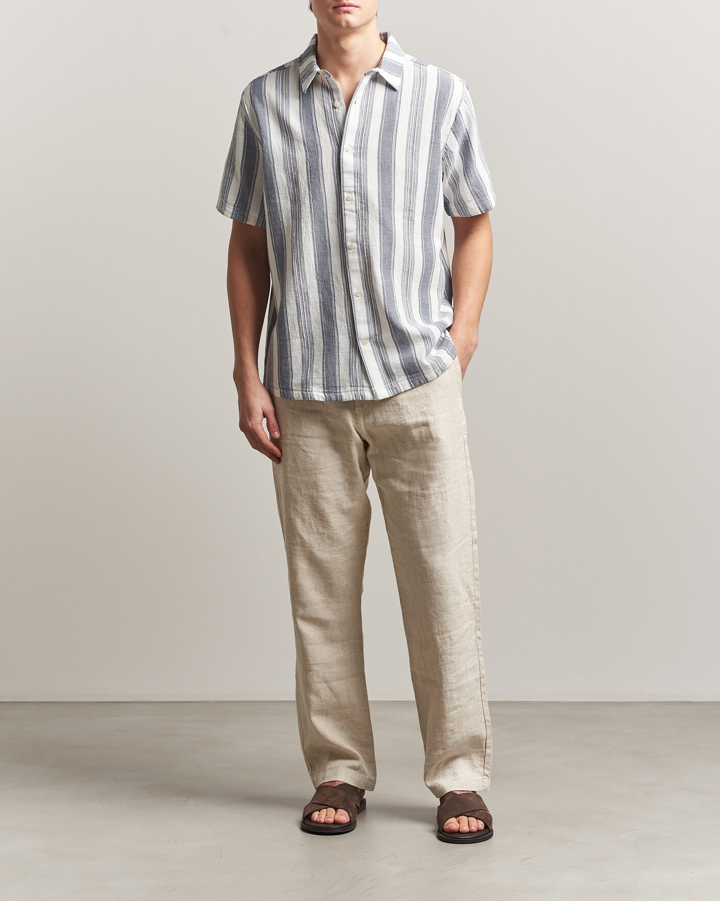 Hombres | Camisas | KnowledgeCotton Apparel | Box Short Sleeve Stripe Shirt Blue Stripe