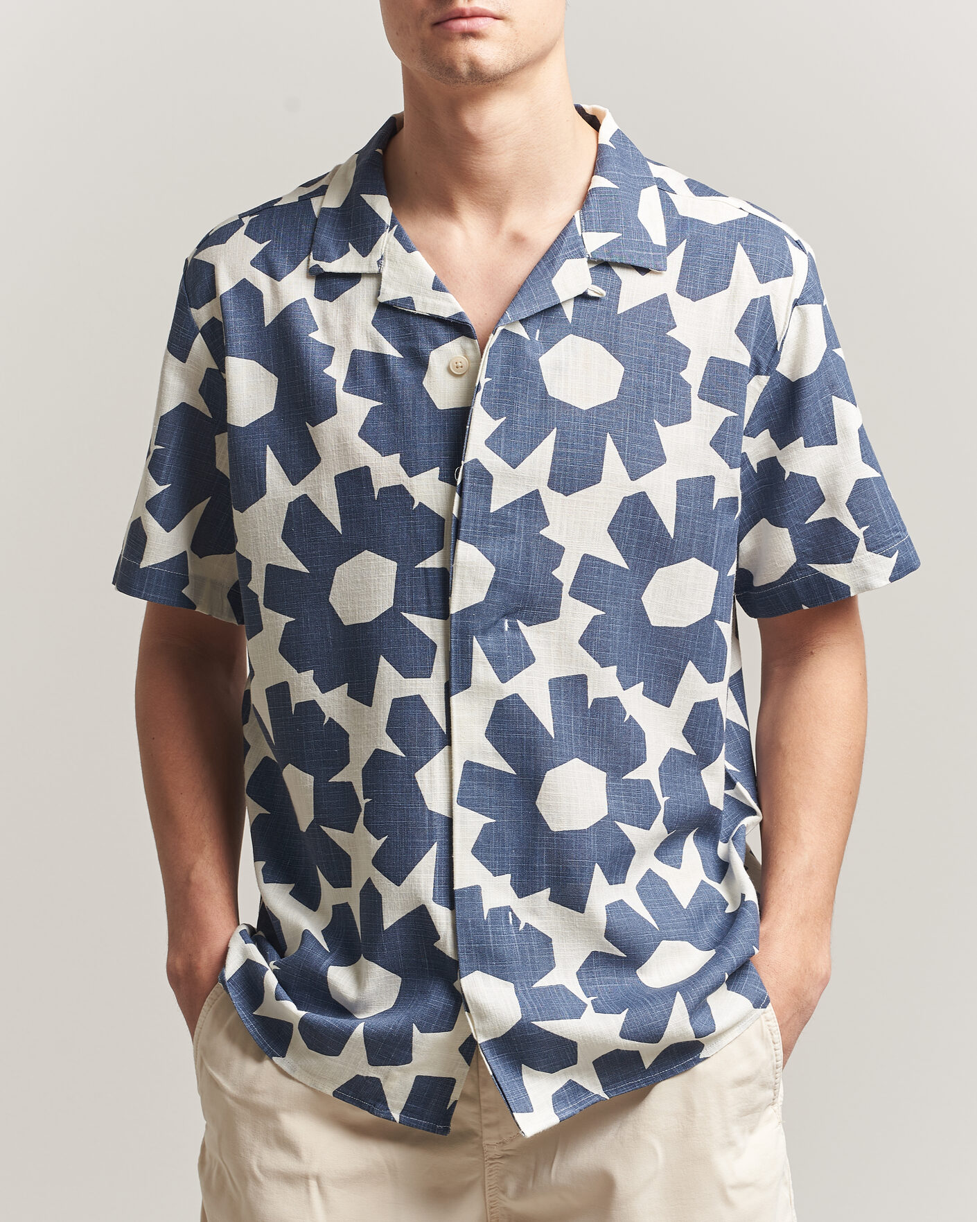 Hombres | Camisas | KnowledgeCotton Apparel | Printed Linen Mix Shirt Blue