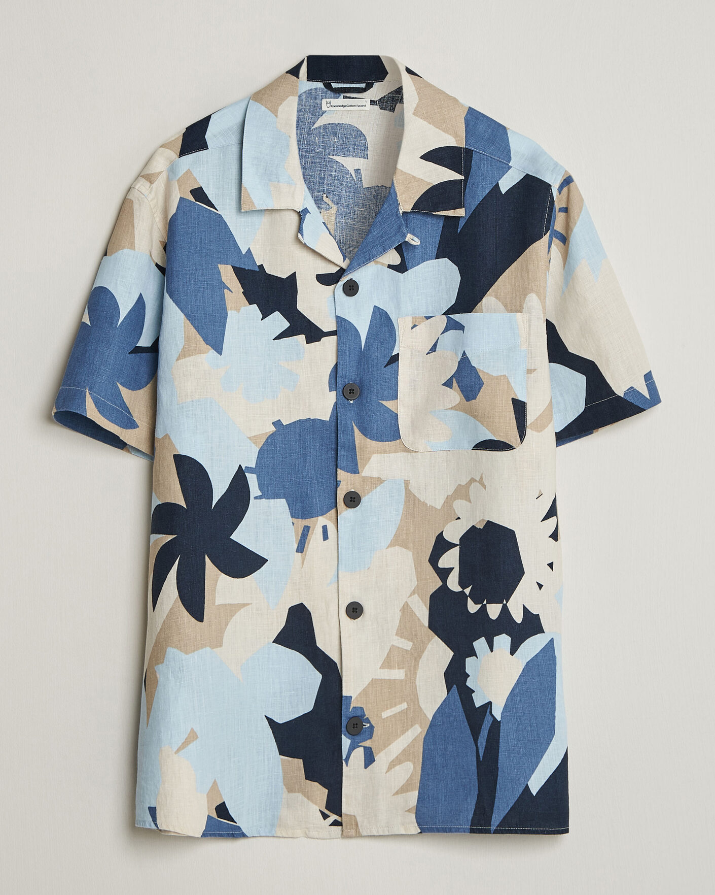 Hombres | Camisas | KnowledgeCotton Apparel | Relaxed Printed Linen Short Sleeve Shirt Blue