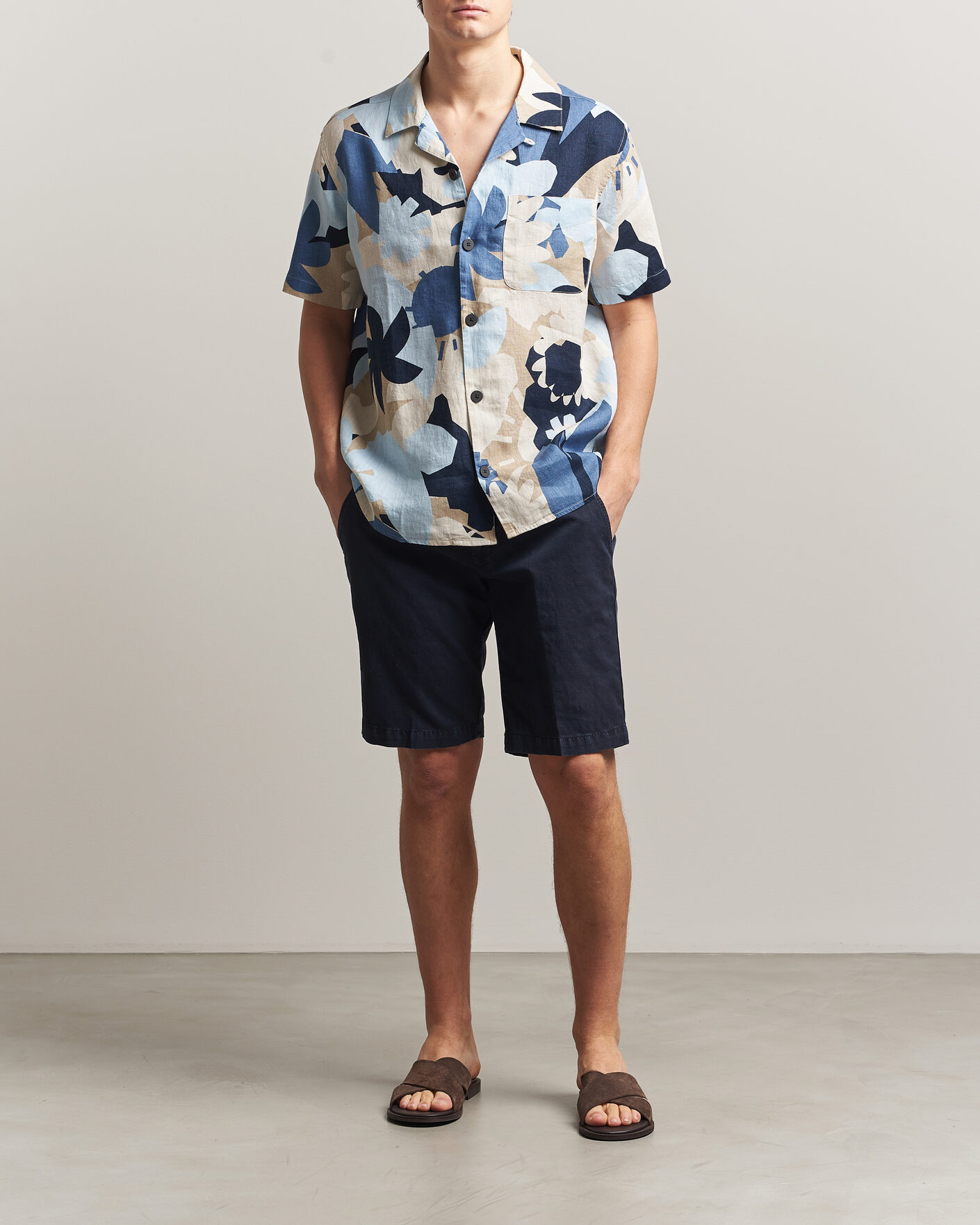 Hombres | Camisas | KnowledgeCotton Apparel | Relaxed Printed Linen Short Sleeve Shirt Blue