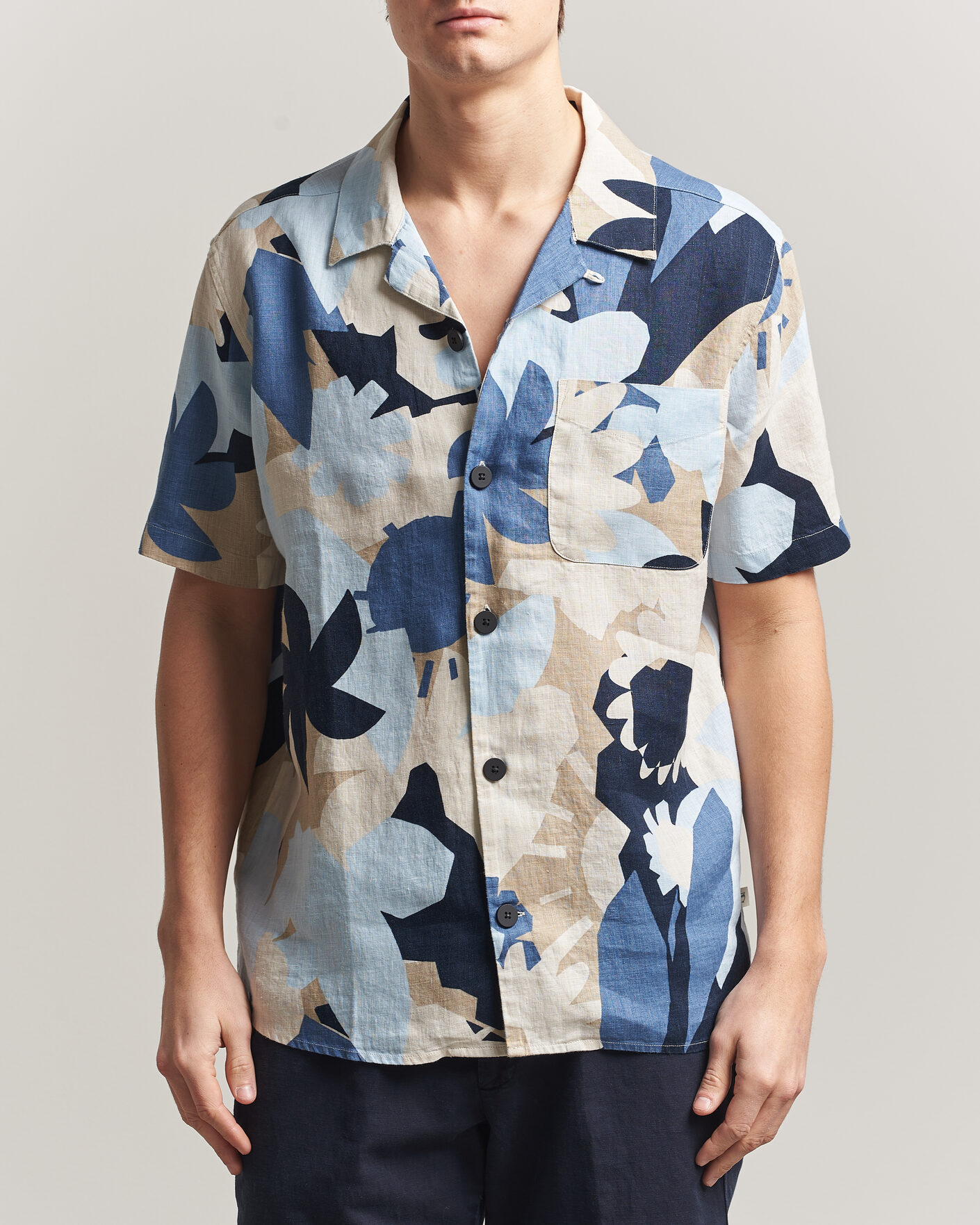 Hombres | Camisas | KnowledgeCotton Apparel | Relaxed Printed Linen Short Sleeve Shirt Blue