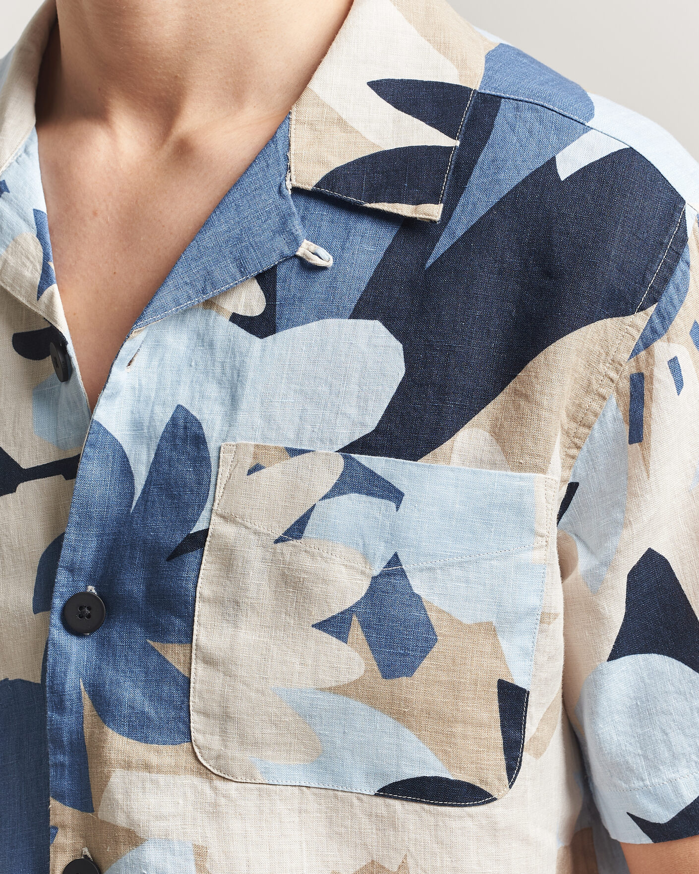 Hombres | Camisas | KnowledgeCotton Apparel | Relaxed Printed Linen Short Sleeve Shirt Blue