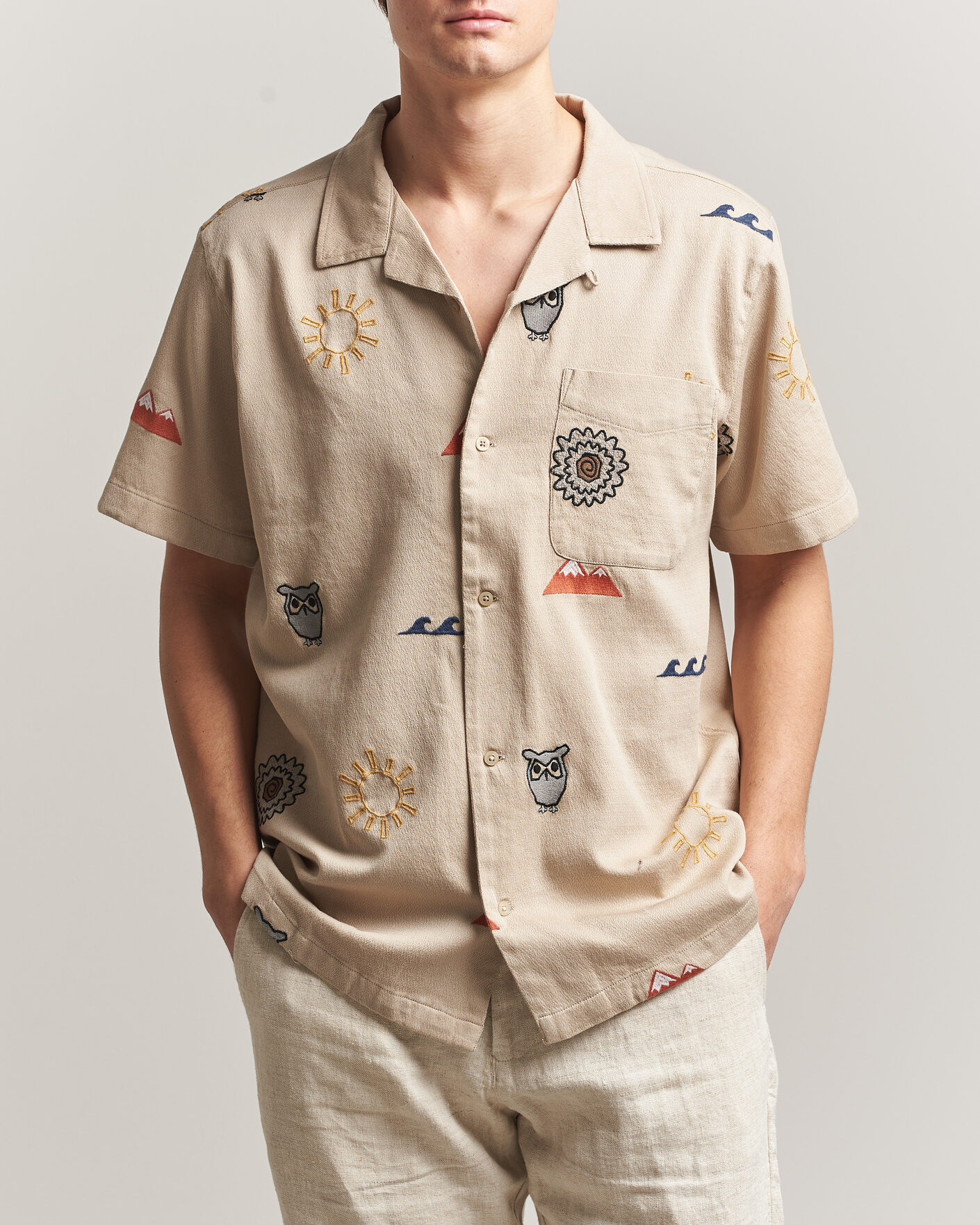 Hombres | Camisas | KnowledgeCotton Apparel | Relaxed Embroidery Shirt Light Feather Grey