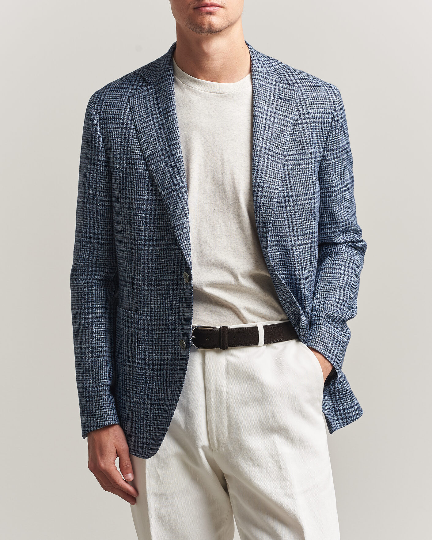 Hombres | Blazers | Oscar Jacobson | Ferry Patch Soft Checked Linen/Wool Blazer Blue