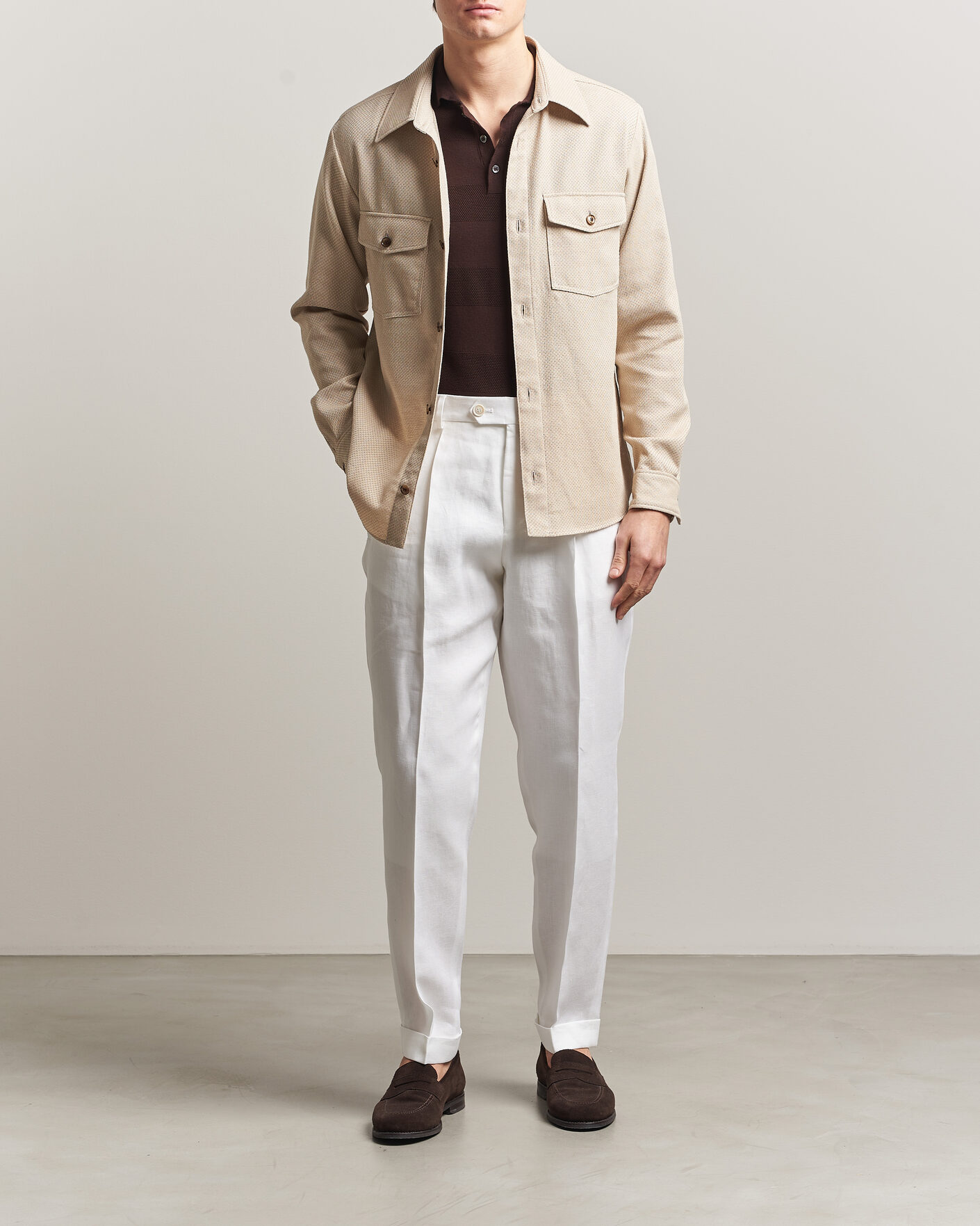 Hombres | Camisas | Oscar Jacobson | Magnus Structure Cotton Overshirt Beige