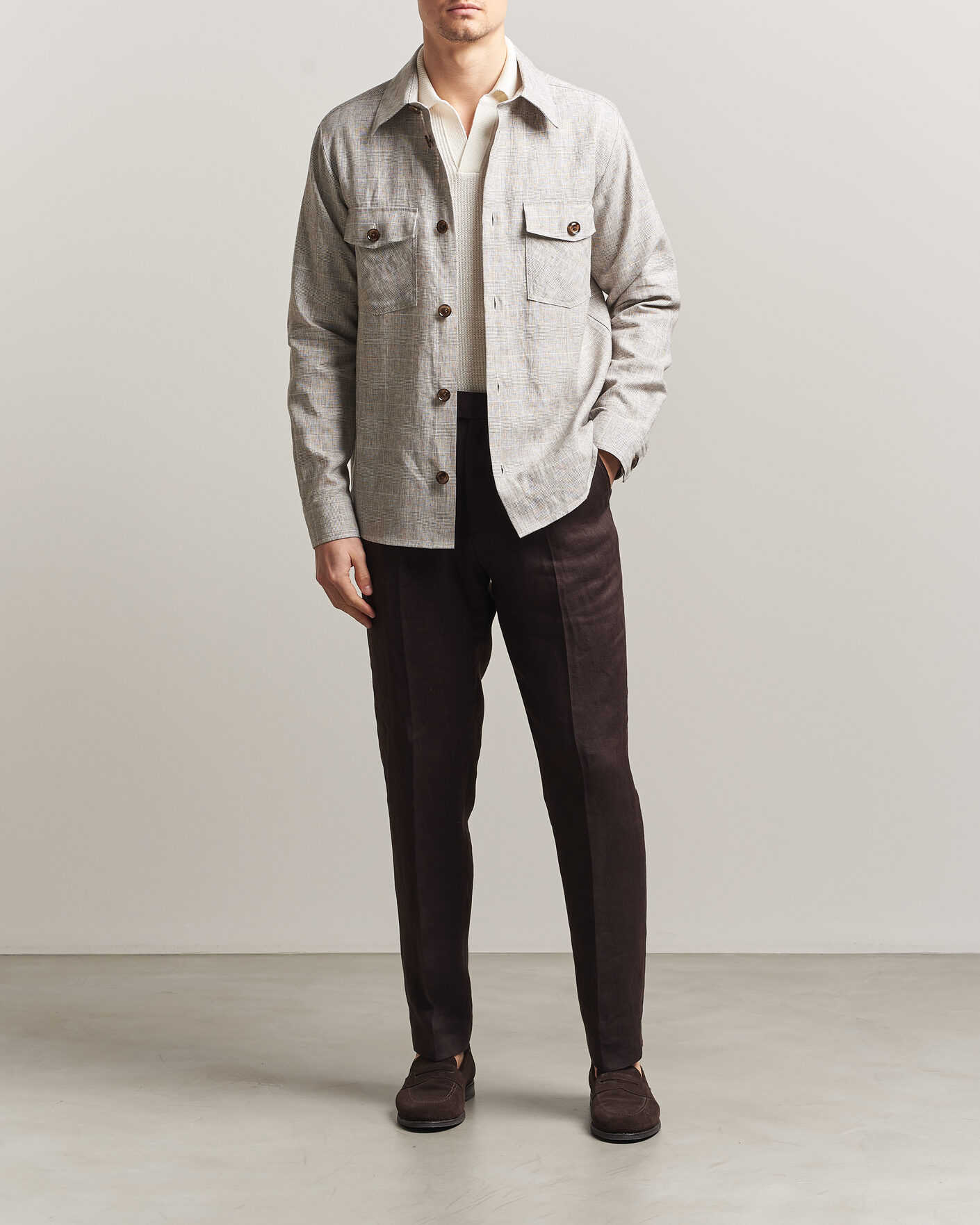 Hombres | Camisas | Oscar Jacobson | Magnus Checked Linen Overshirt Beige