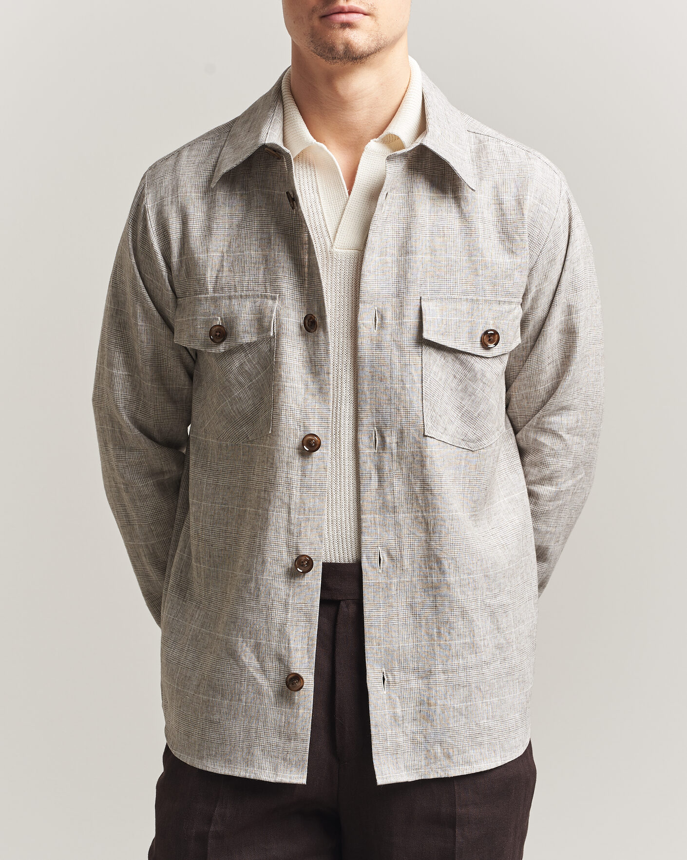 Hombres | Camisas | Oscar Jacobson | Magnus Checked Linen Overshirt Beige