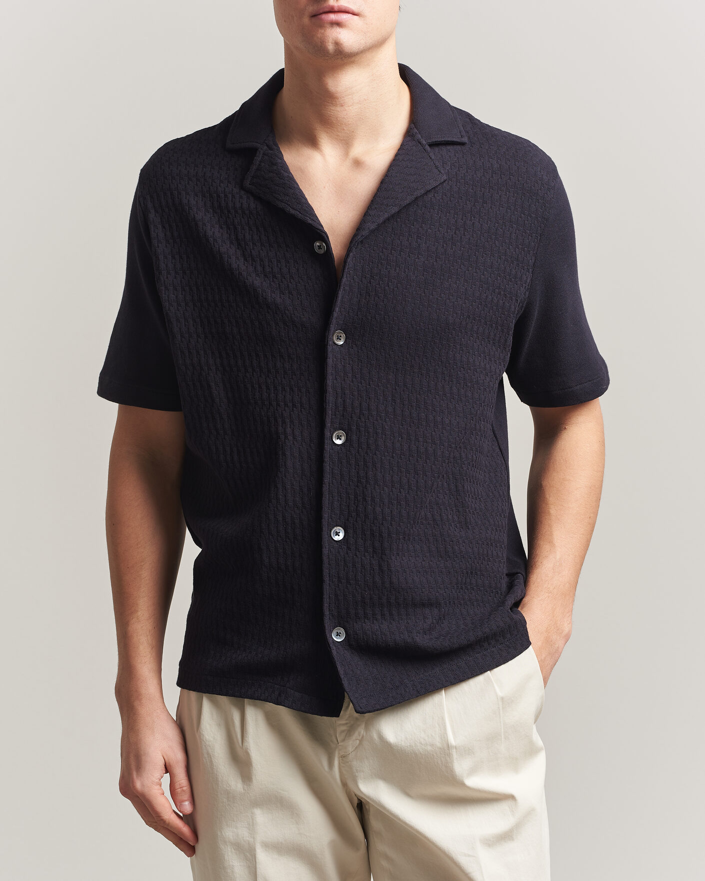 Hombres | Camisas | Oscar Jacobson | Kirk Knitted Short Sleeve Shirt Navy