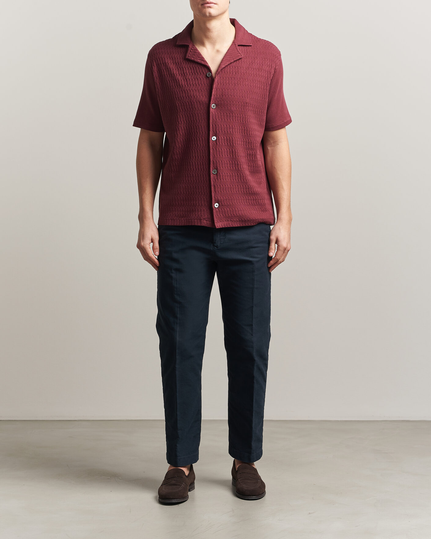 Hombres | Camisas | Oscar Jacobson | Kirk Knitted Short Sleeve Shirt Wine Red