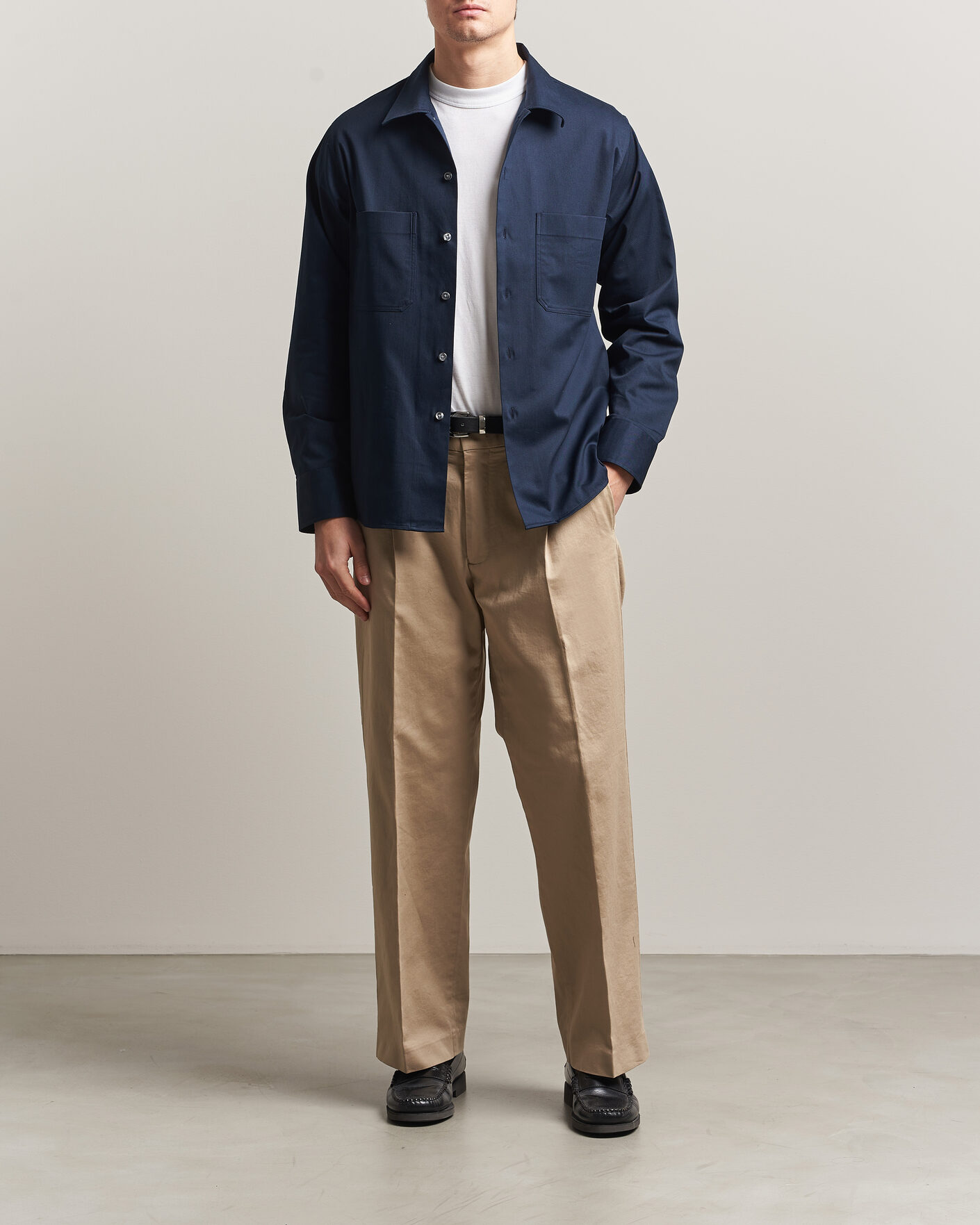Hombres | Camisas | Oscar Jacobson | Straight Fit Bowling Collar Cotton Shirt Navy