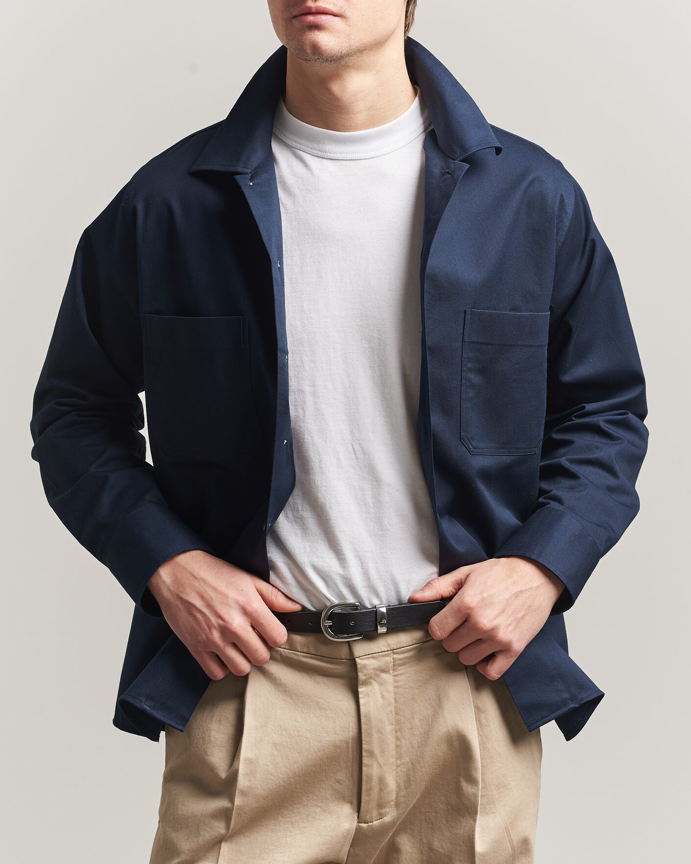 Hombres | Camisas | Oscar Jacobson | Straight Fit Bowling Collar Cotton Shirt Navy