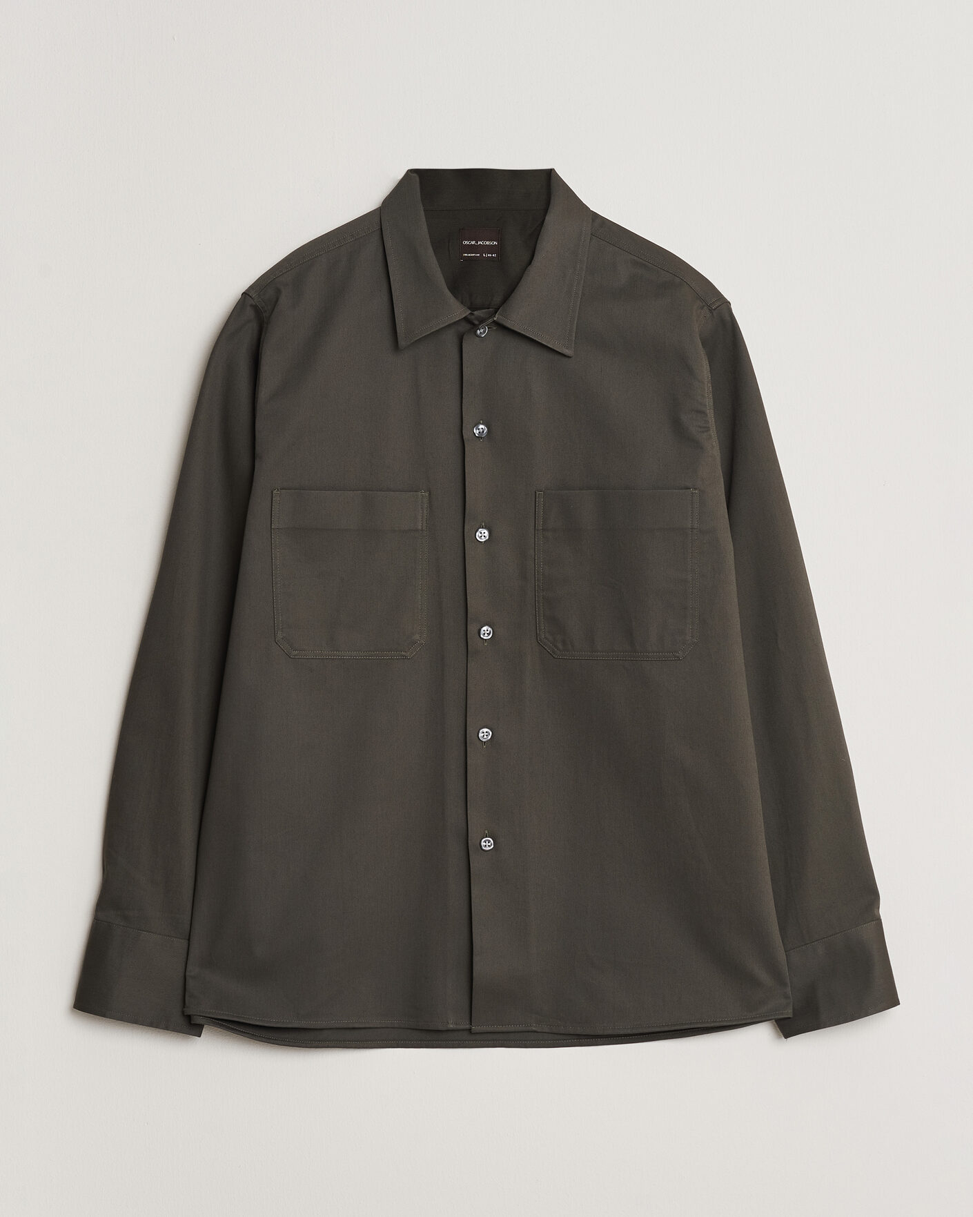 Hombres | Camisas | Oscar Jacobson | Straight Fit Bowling Collar Cotton Shirt Olive