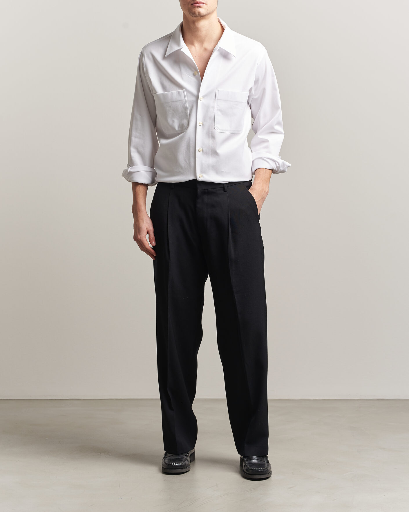 Hombres | Camisas | Oscar Jacobson | Straight Fit Bowling Collar Cotton Shirt White