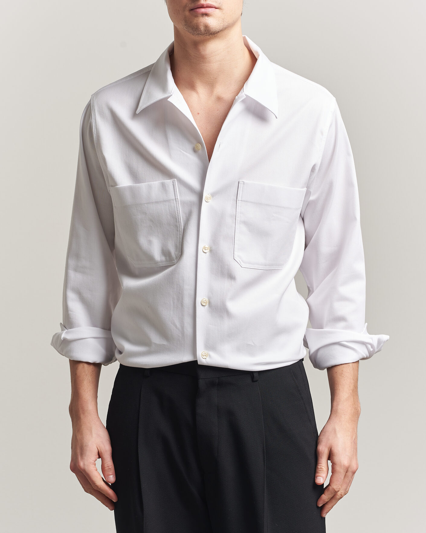 Hombres | Camisas | Oscar Jacobson | Straight Fit Bowling Collar Cotton Shirt White