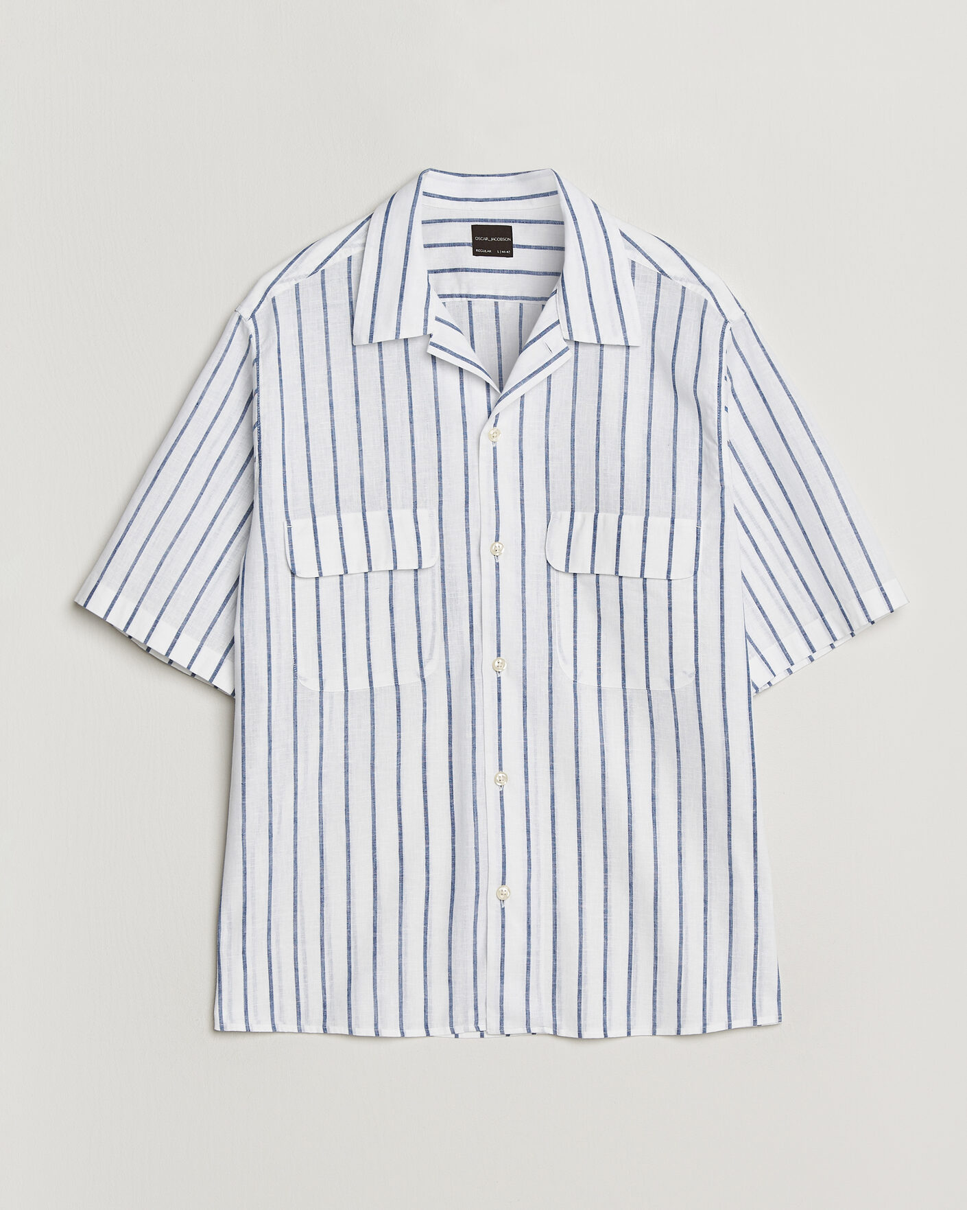 Hombres | Camisas | Oscar Jacobson | Striped Short Sleeve Linen Shirt Navy/White