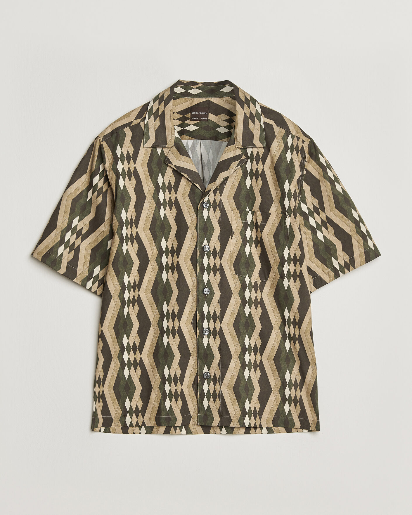 Hombres | Camisas | Oscar Jacobson | Reg Fit Cuban Printed Short Sleeve Shirt Olive
